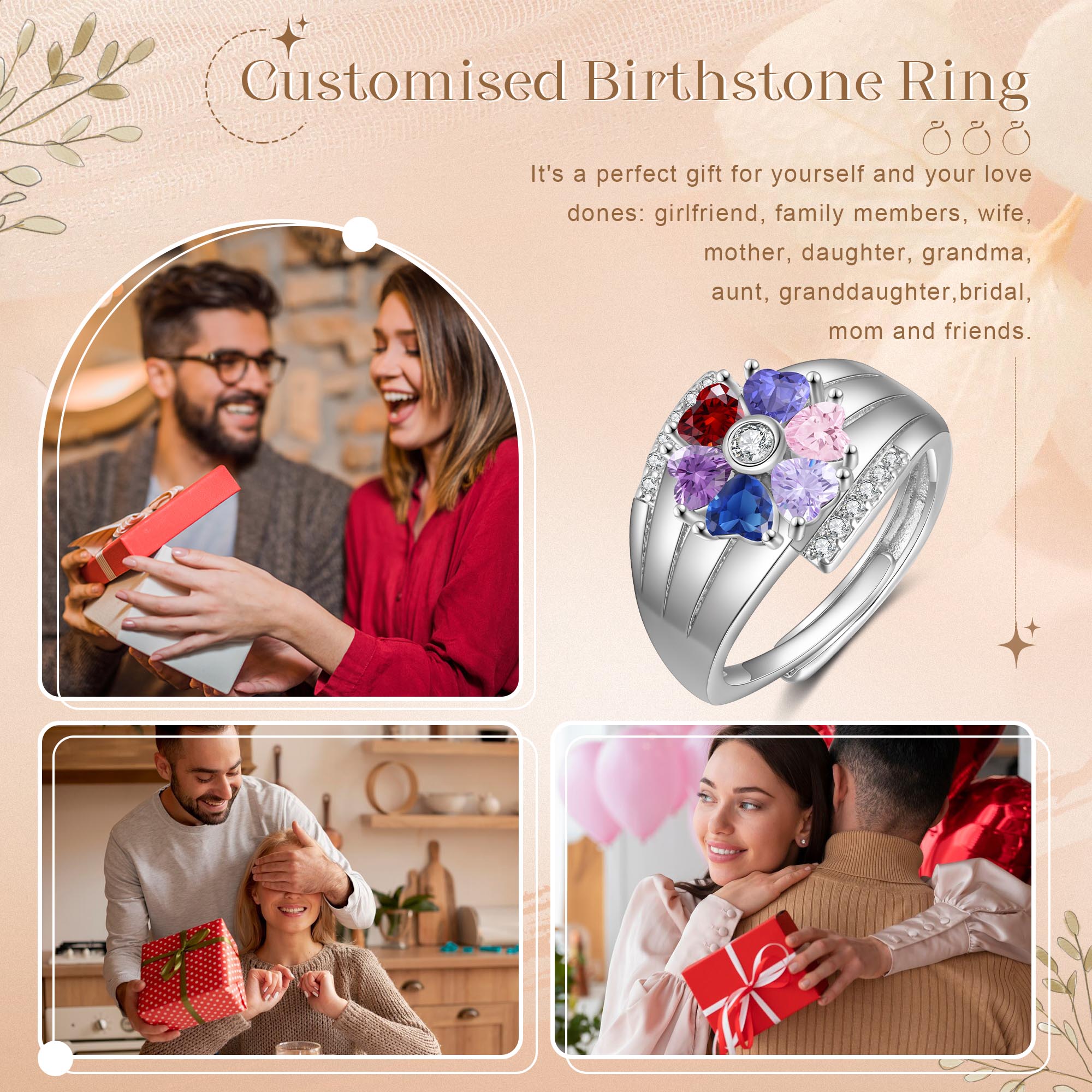 Personalised Open Ring with Custom 6 Birthstones Elegant Valentines Day Gift for Her