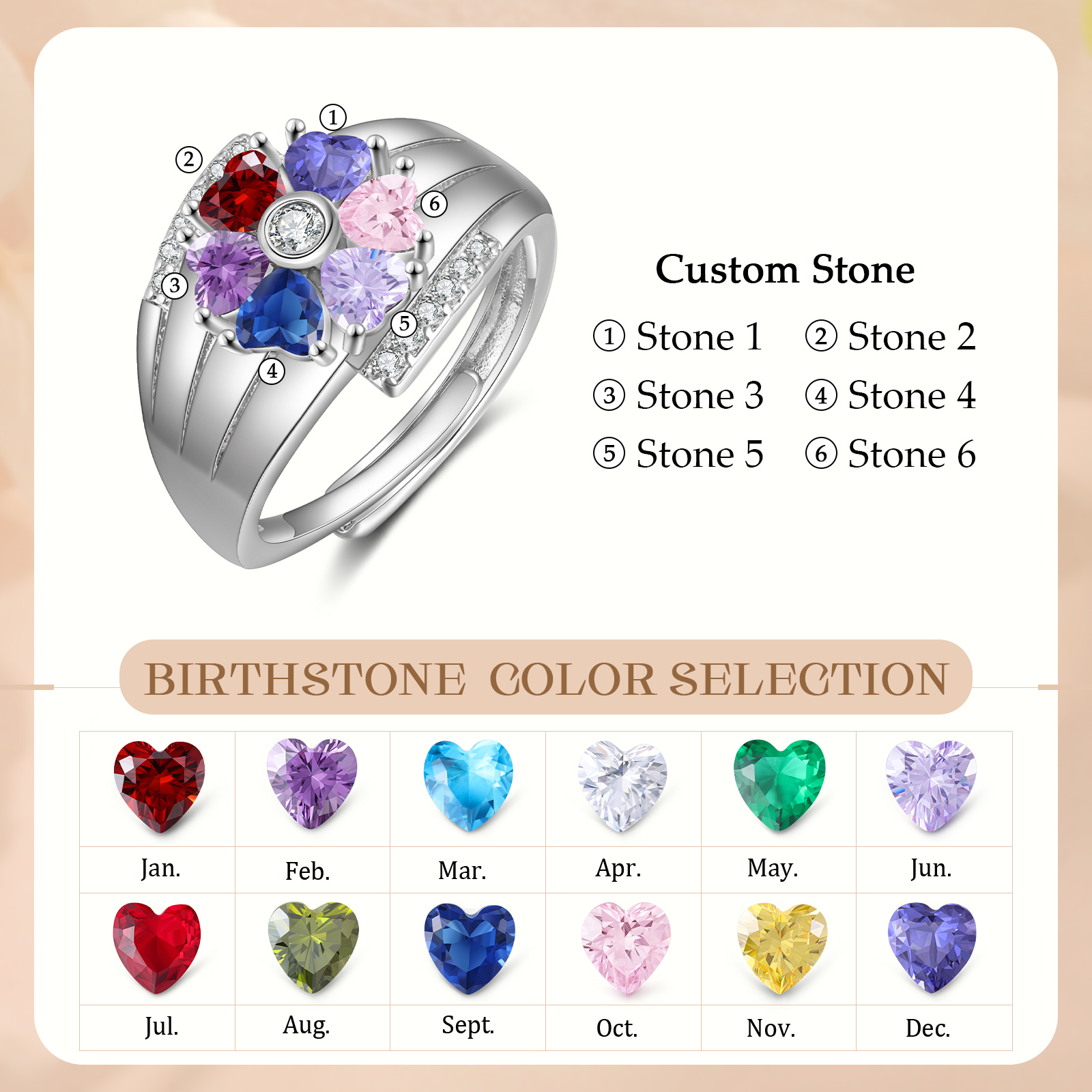 Personalised Open Ring with Custom 6 Birthstones Elegant Valentines Day Gift for Her