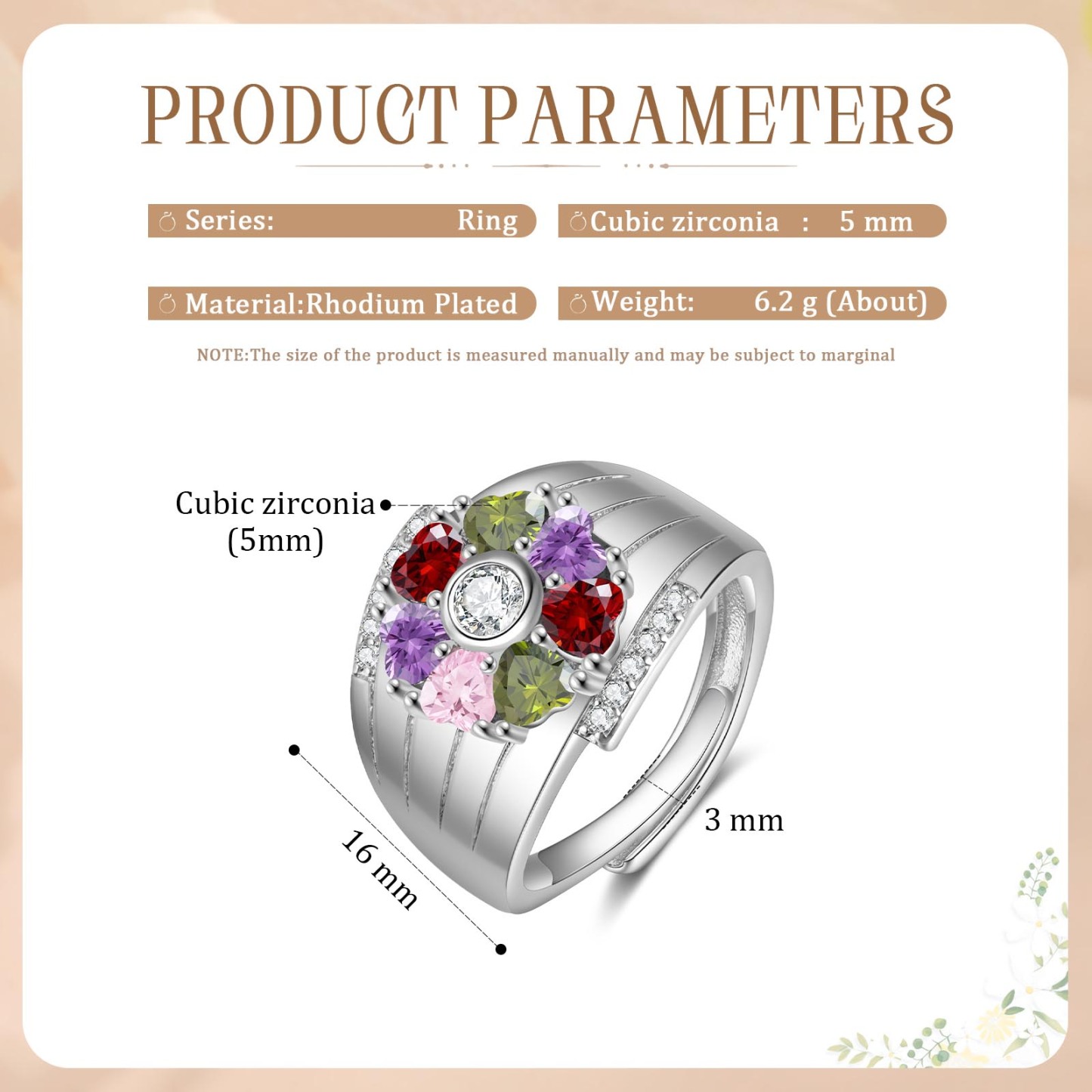 Personalised Open Ring with Custom 7 Birthstones Elegant Valentines Day Gift for Her