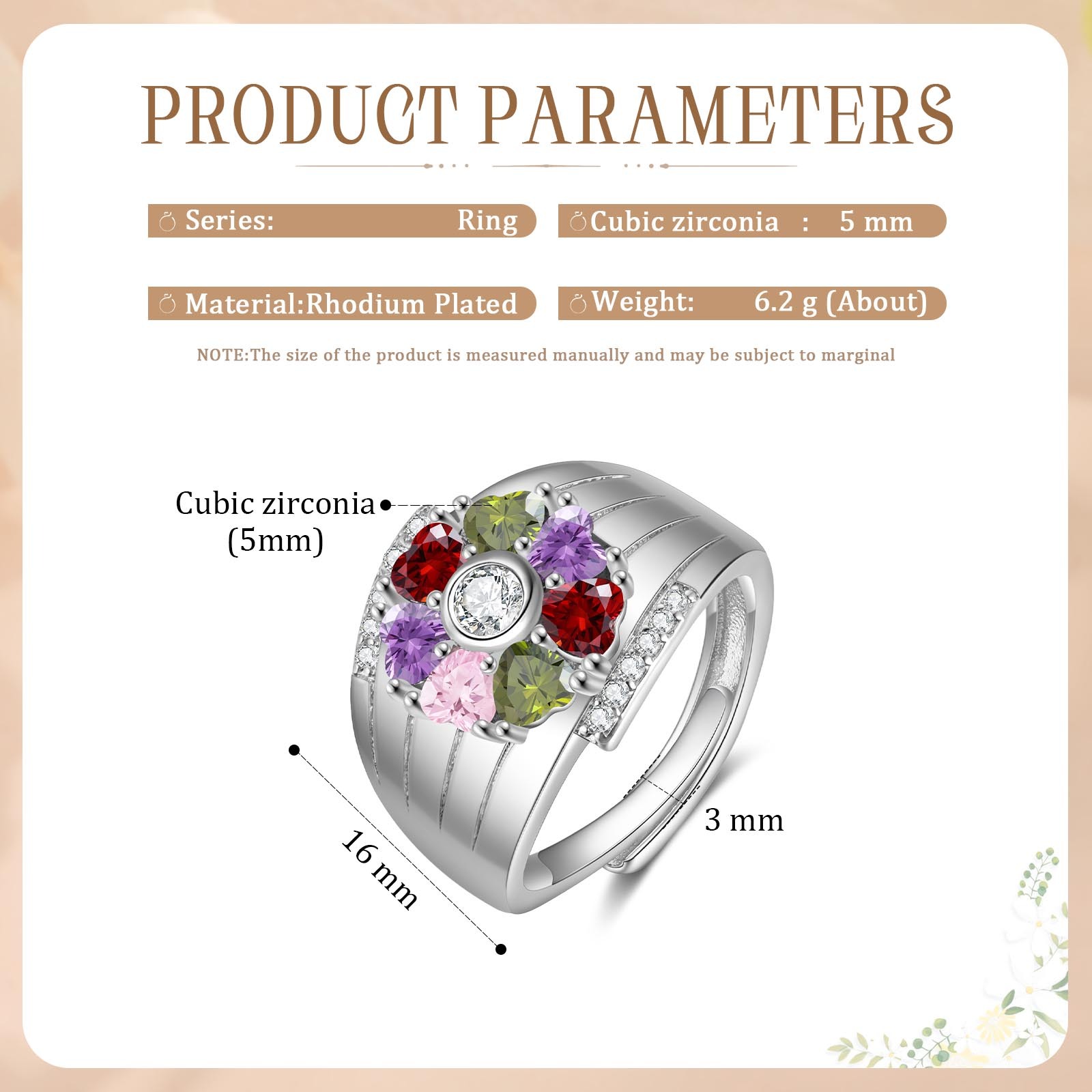 Personalised Open Ring with Custom 7 Birthstones Elegant Valentines Day Gift for Her