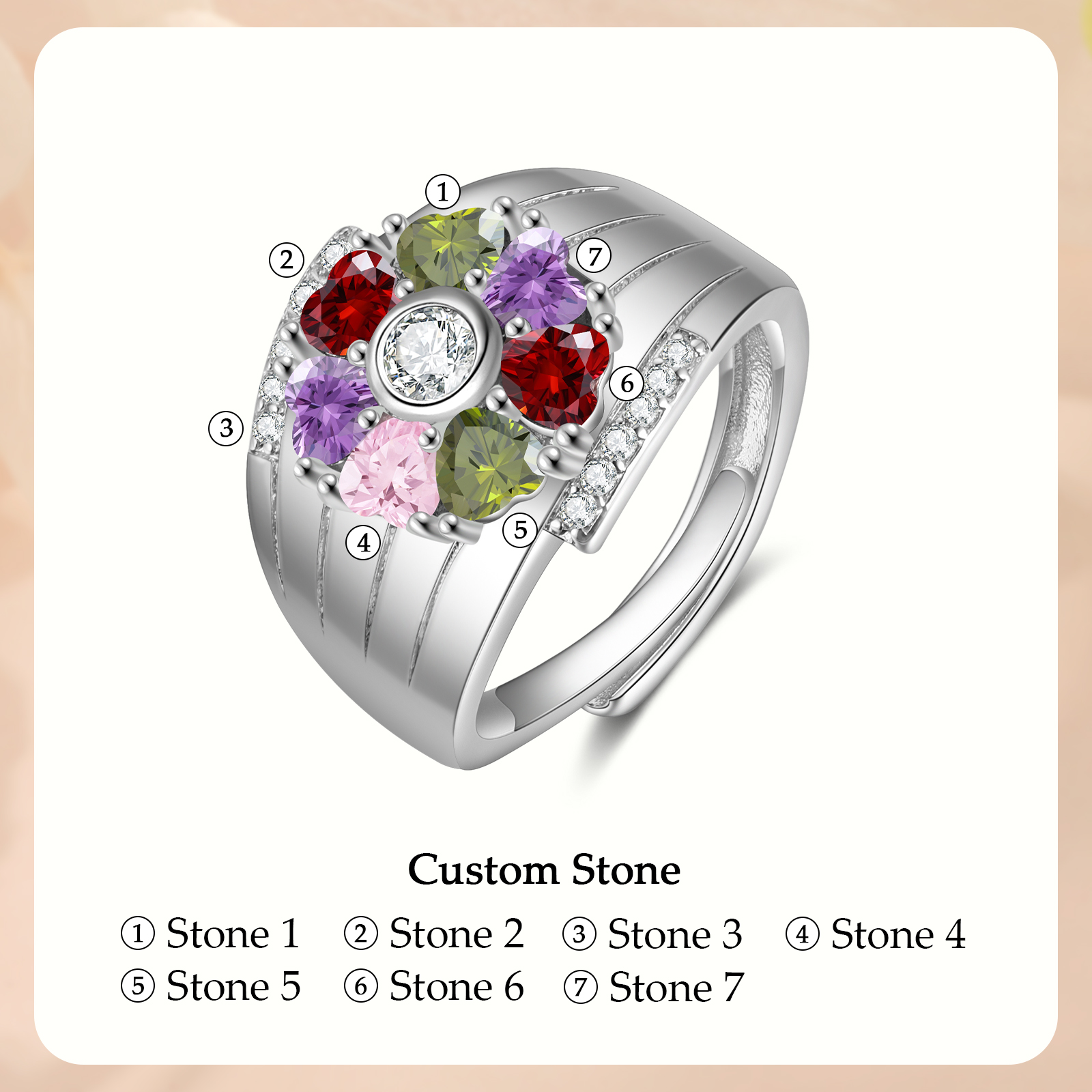 Personalised Open Ring with Custom 7 Birthstones Elegant Valentines Day Gift for Her