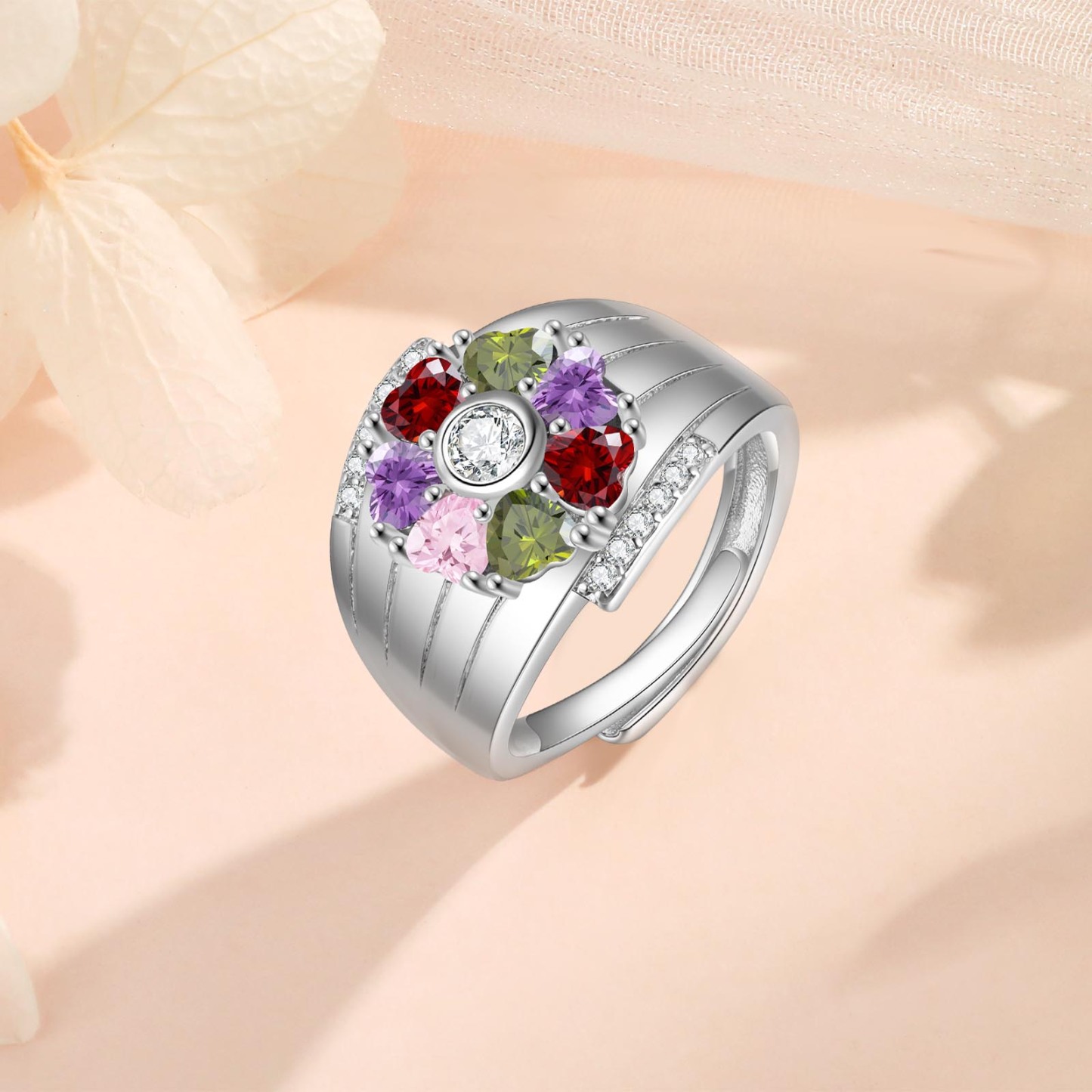 Personalised Open Ring with Custom 7 Birthstones Elegant Valentines Day Gift for Her