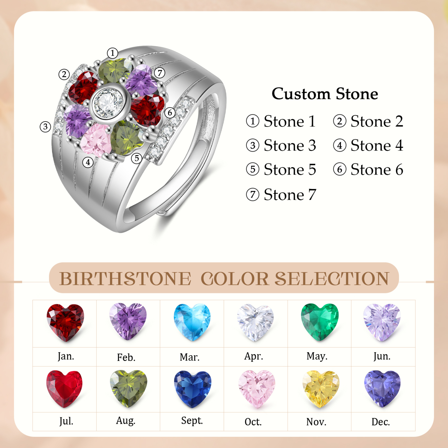 Personalised Open Ring with Custom 7 Birthstones Elegant Valentines Day Gift for Her