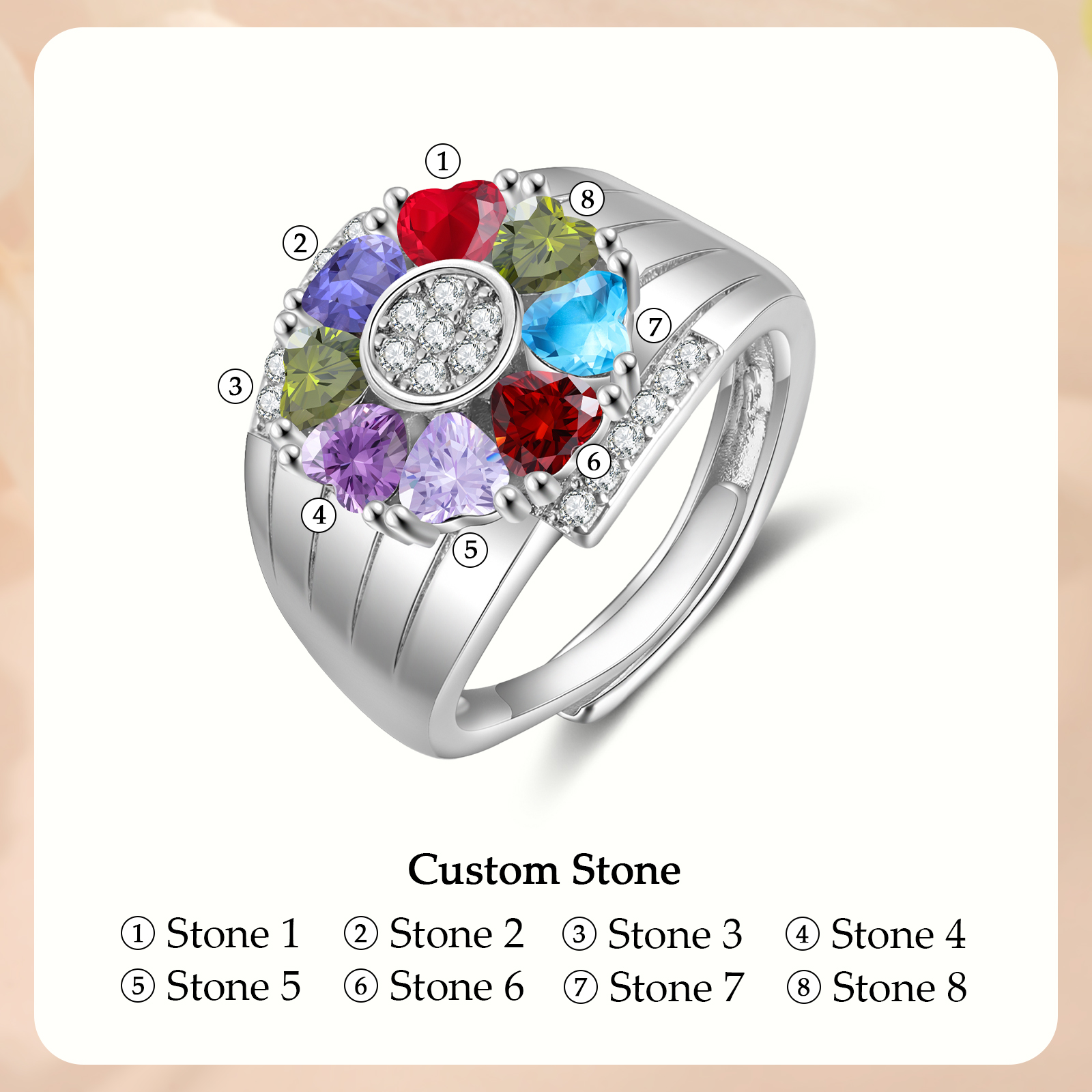 Personalised Open Ring with Custom 8 Birthstones Elegant Valentines Day Gift for Her