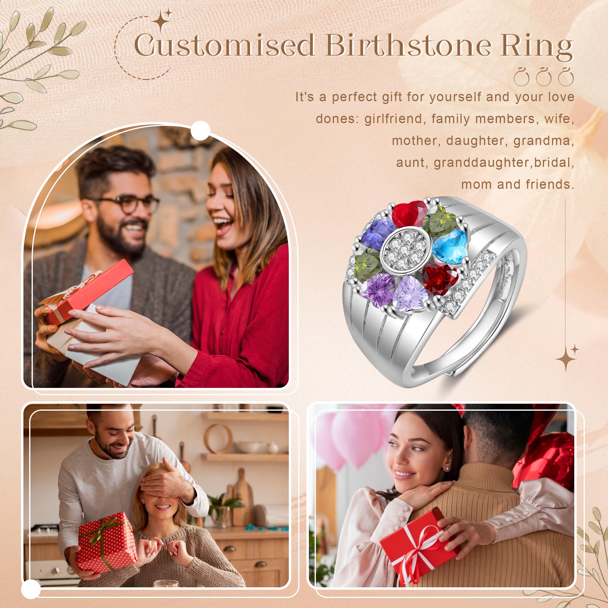 Personalised Open Ring with Custom 8 Birthstones Elegant Valentines Day Gift for Her
