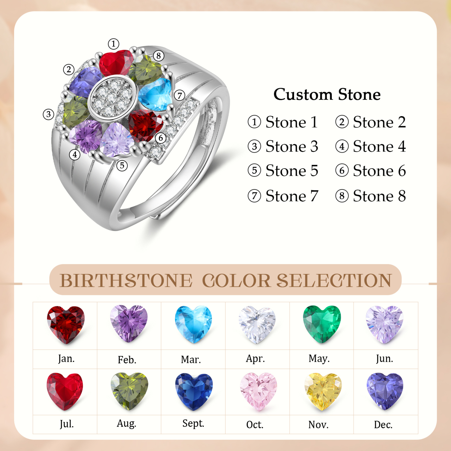 Personalised Open Ring with Custom 8 Birthstones Elegant Valentines Day Gift for Her