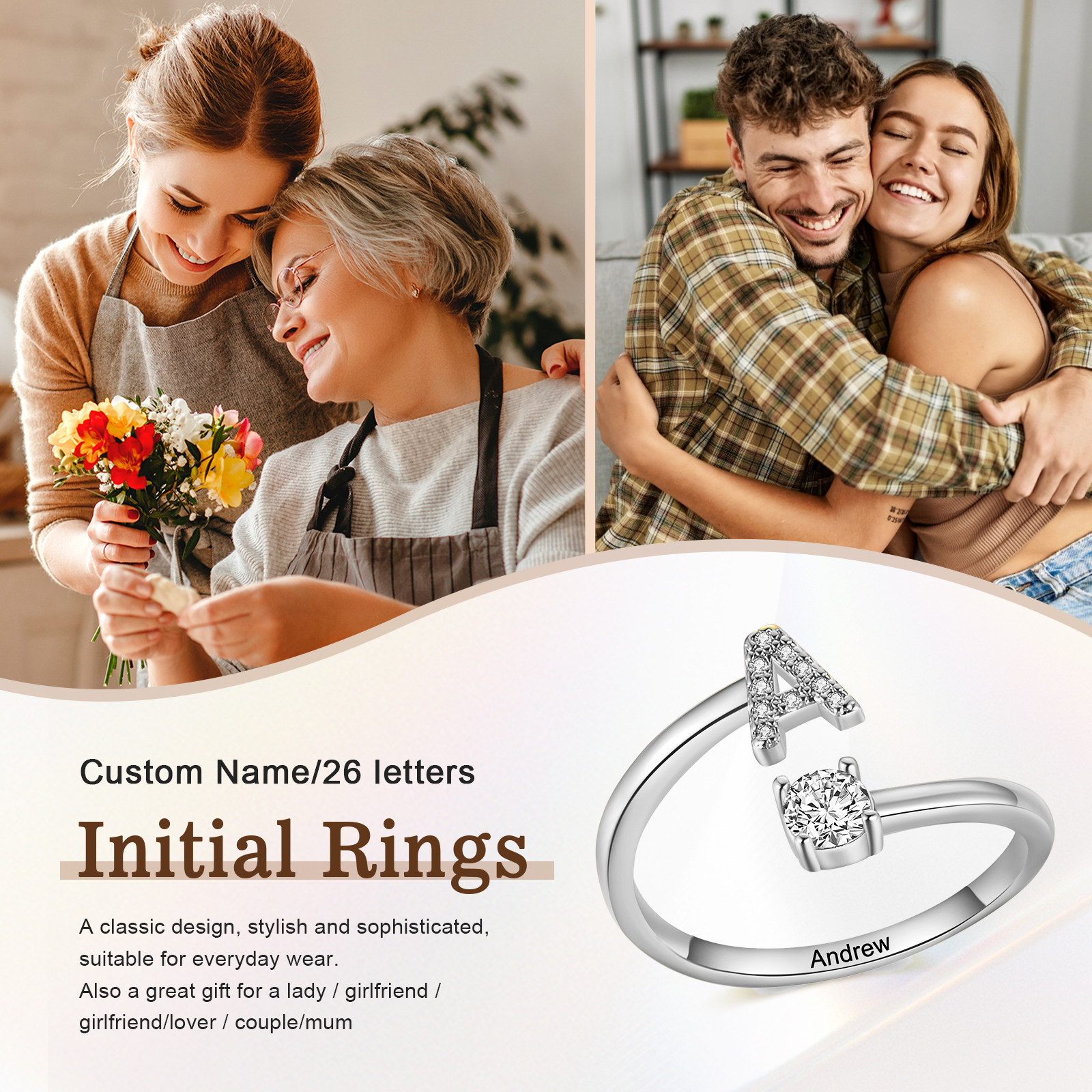 Personalised Open Ring Customised 1 Name and 1 Initial Gift for Her