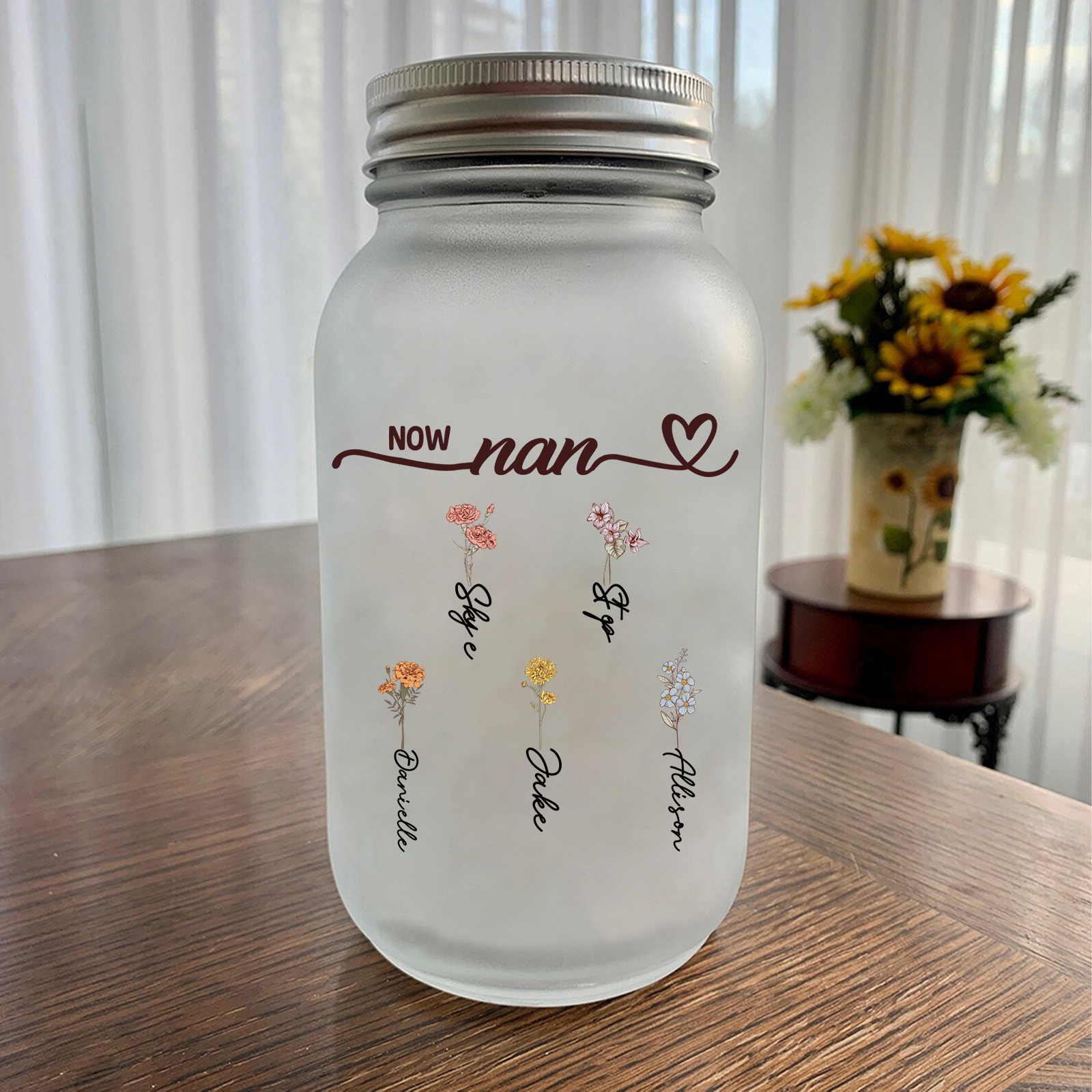 Personalised Light-Up Bottle, Solar Light Jar with 2 to 12 Birth Flowers – First Mum, Now Grandma