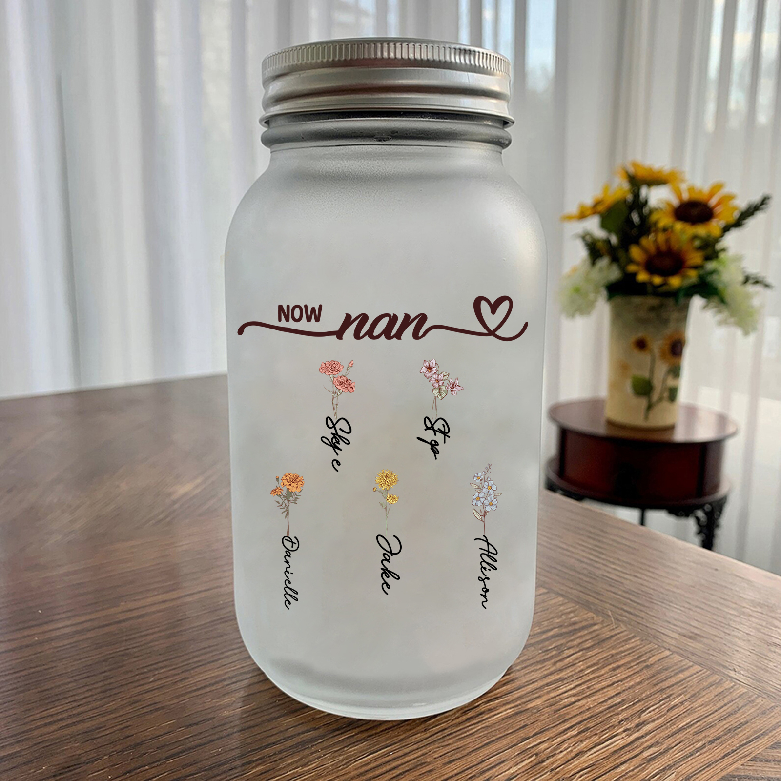 Personalised Light-Up Bottle, Solar Light Jar with 2 to 12 Birth Flowers – First Mum, Now Grandma