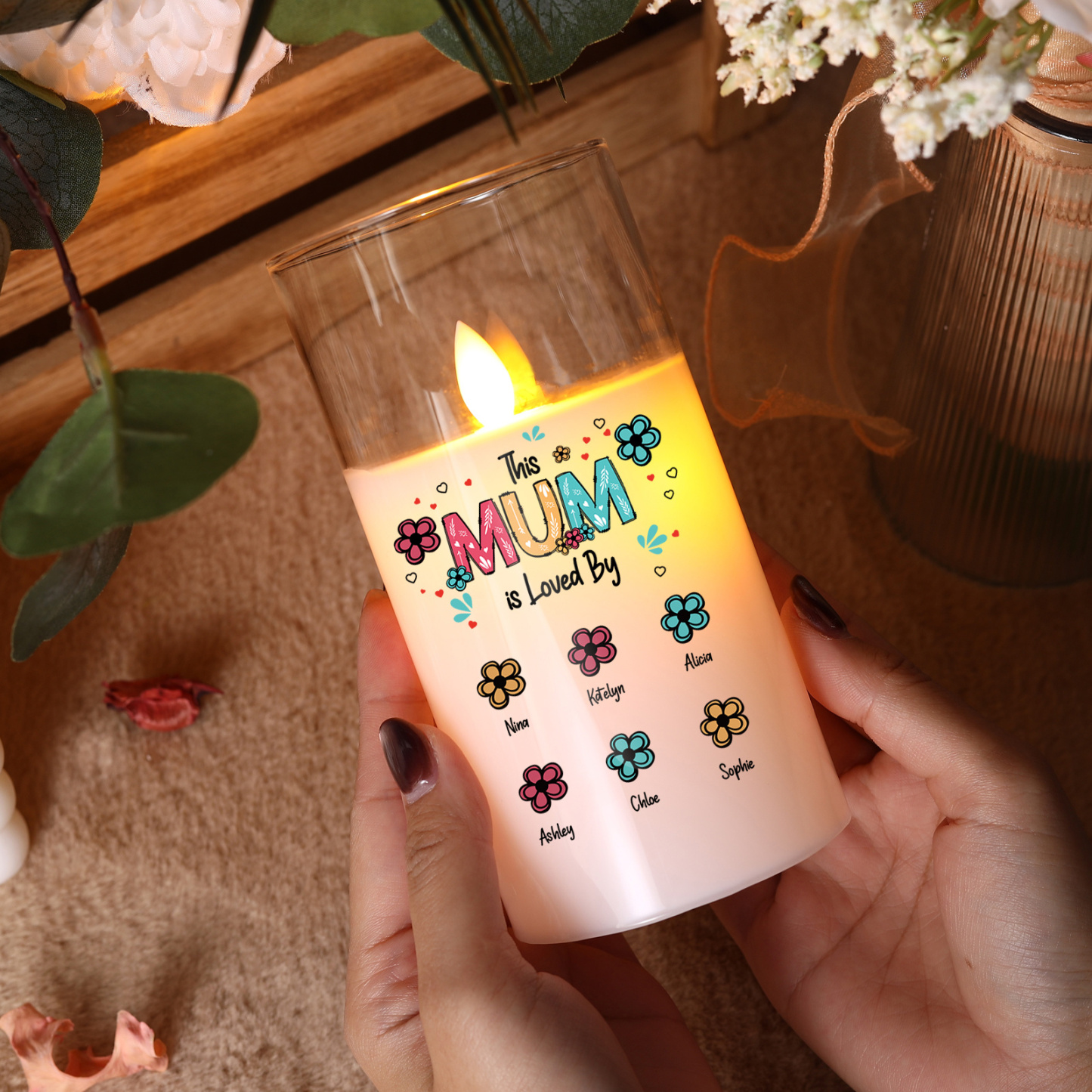 Personalised “This Mum Is Loved By” LED Glass Candle