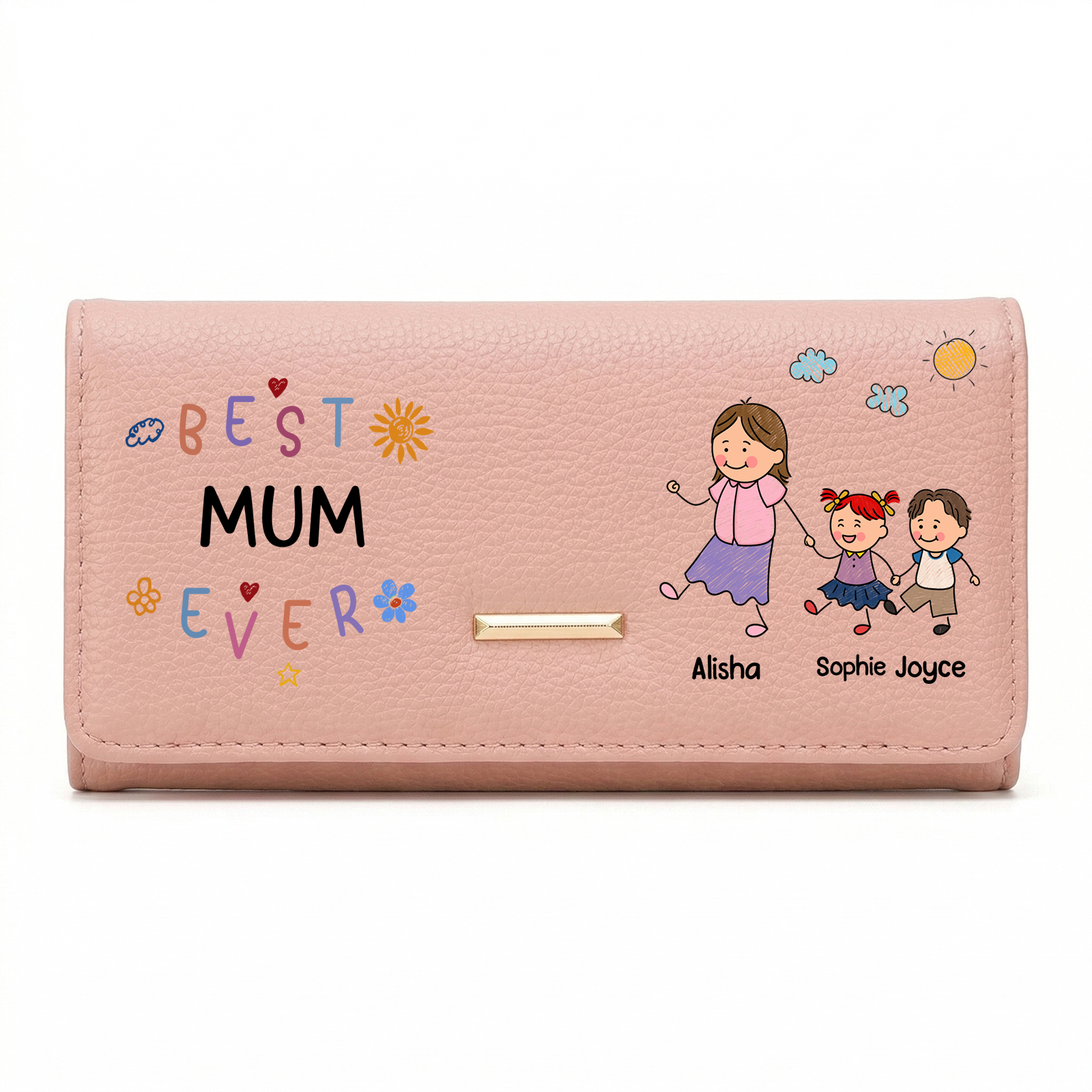 Personalised leather wallet “Best Mum Ever” with family design, customised with 1 to 8 names