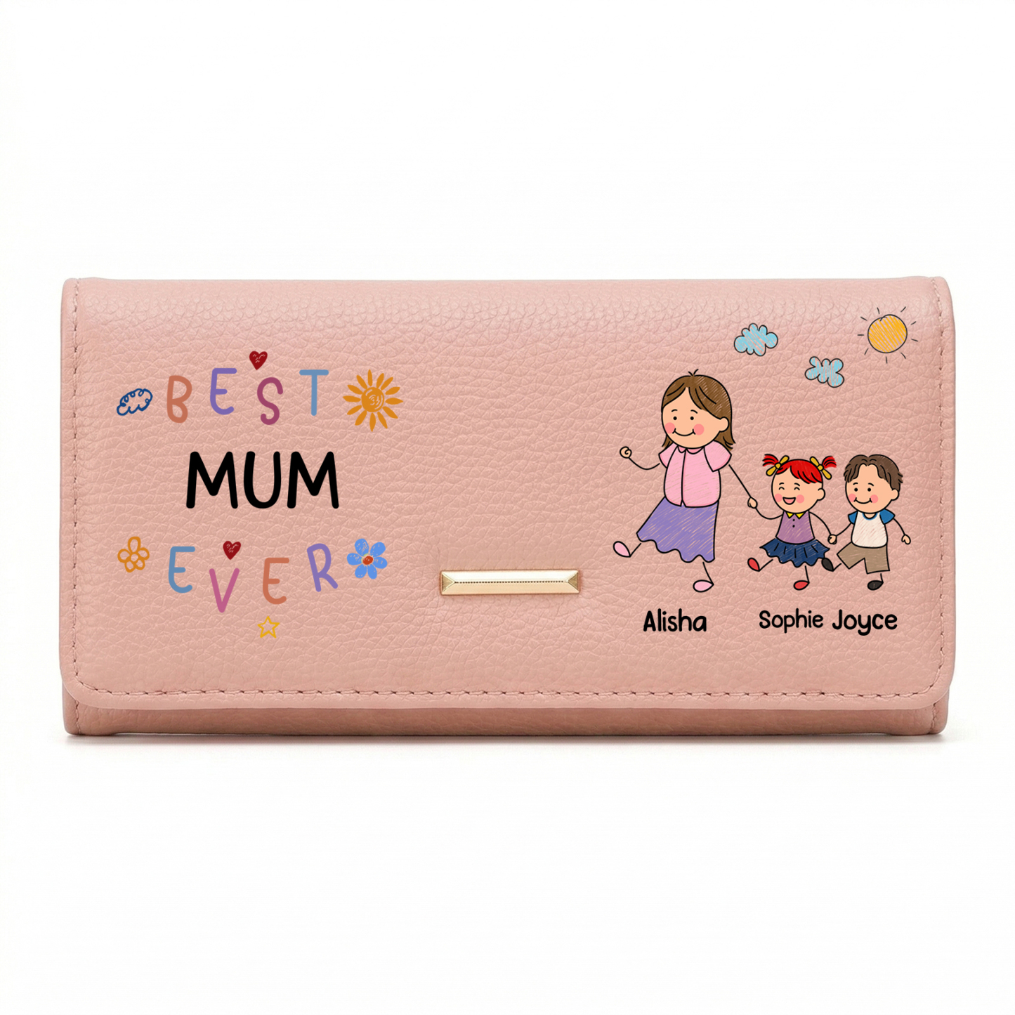 Personalised leather wallet “Best Mum Ever” with a family motif, customised with 1 to 8 names and children’s figures: Mother’s Day and birthday gift for mum and granny | Kettenmachen