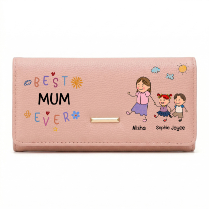 Personalised leather wallet “Best Mum Ever” with a family motif, customised with 1 to 8 names and children’s figures: Mother’s Day and birthday gift for mum and granny | Kettenmachen