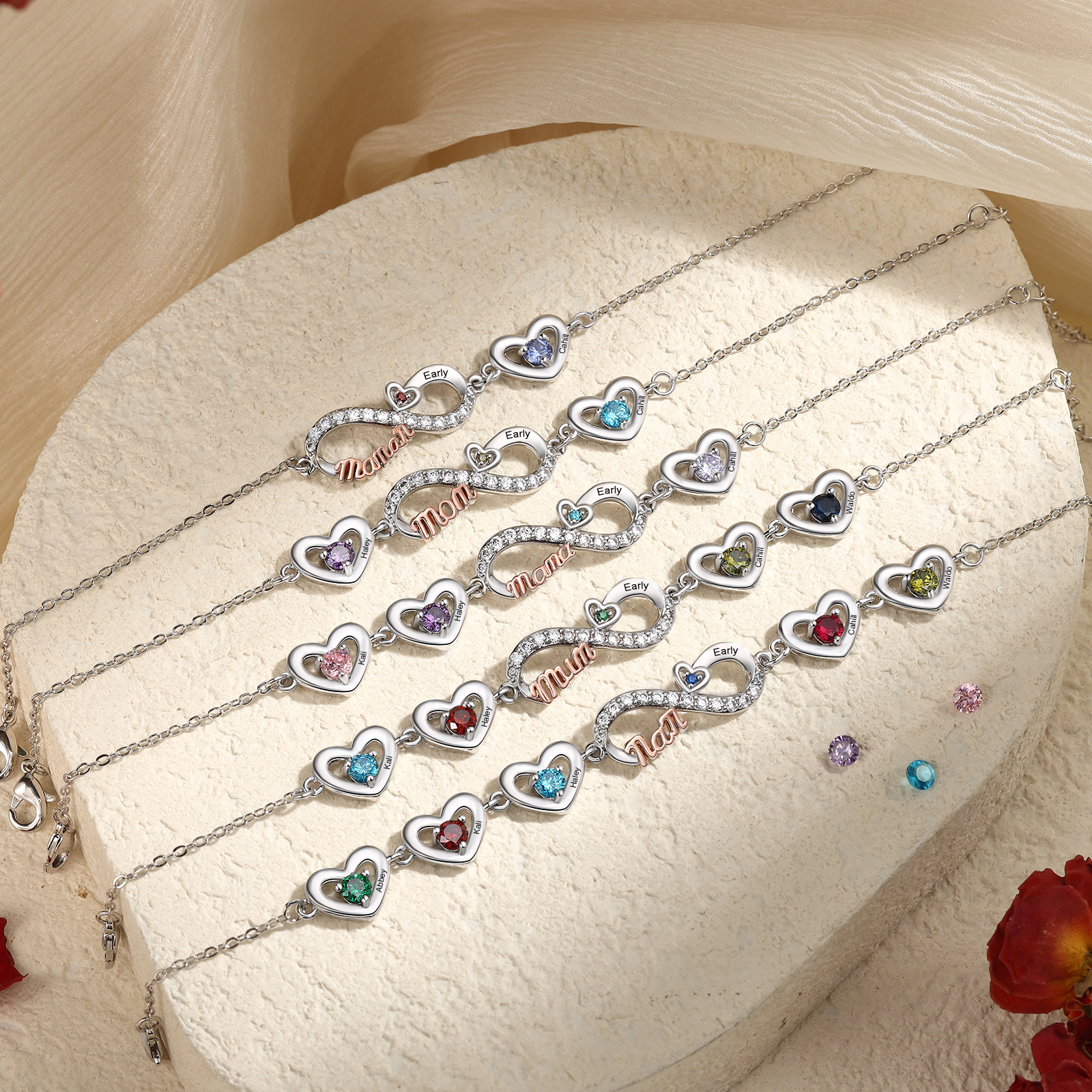 Personalised 2-6 Names Infinity Mum Heart Birthstone Bracelet