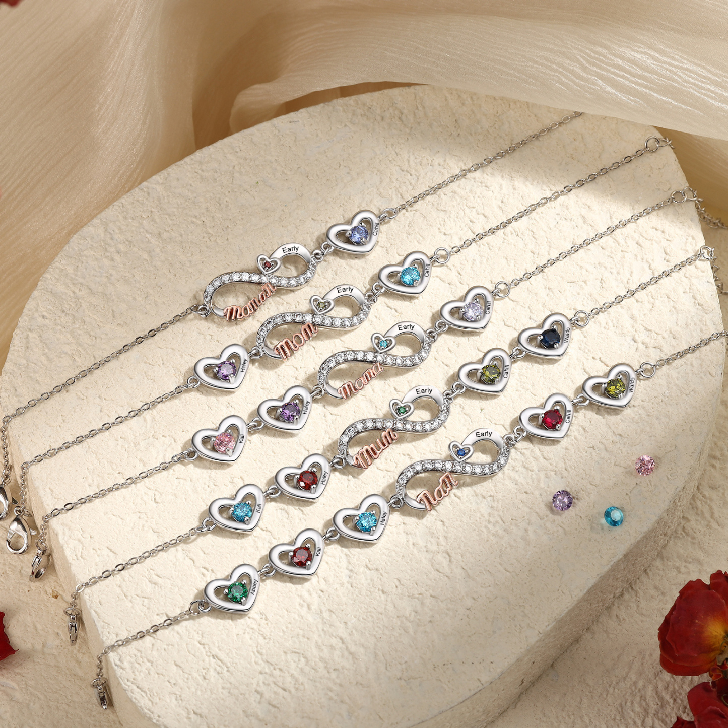 Personalised 2-6 Names Infinity Mum Heart Birthstone Bracelet