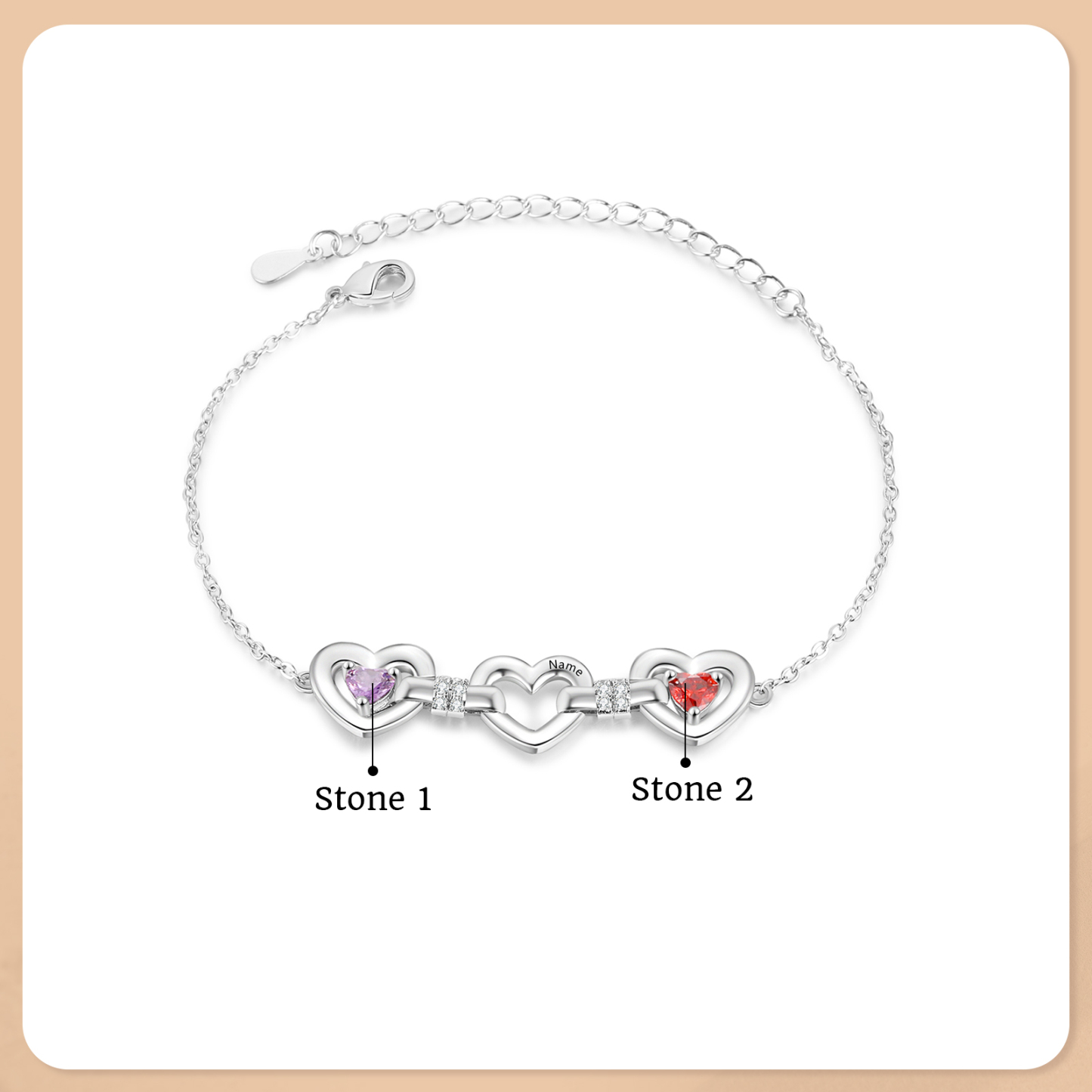 Personalised 1-4 Names Birthstone Linked Hearts Bracelet