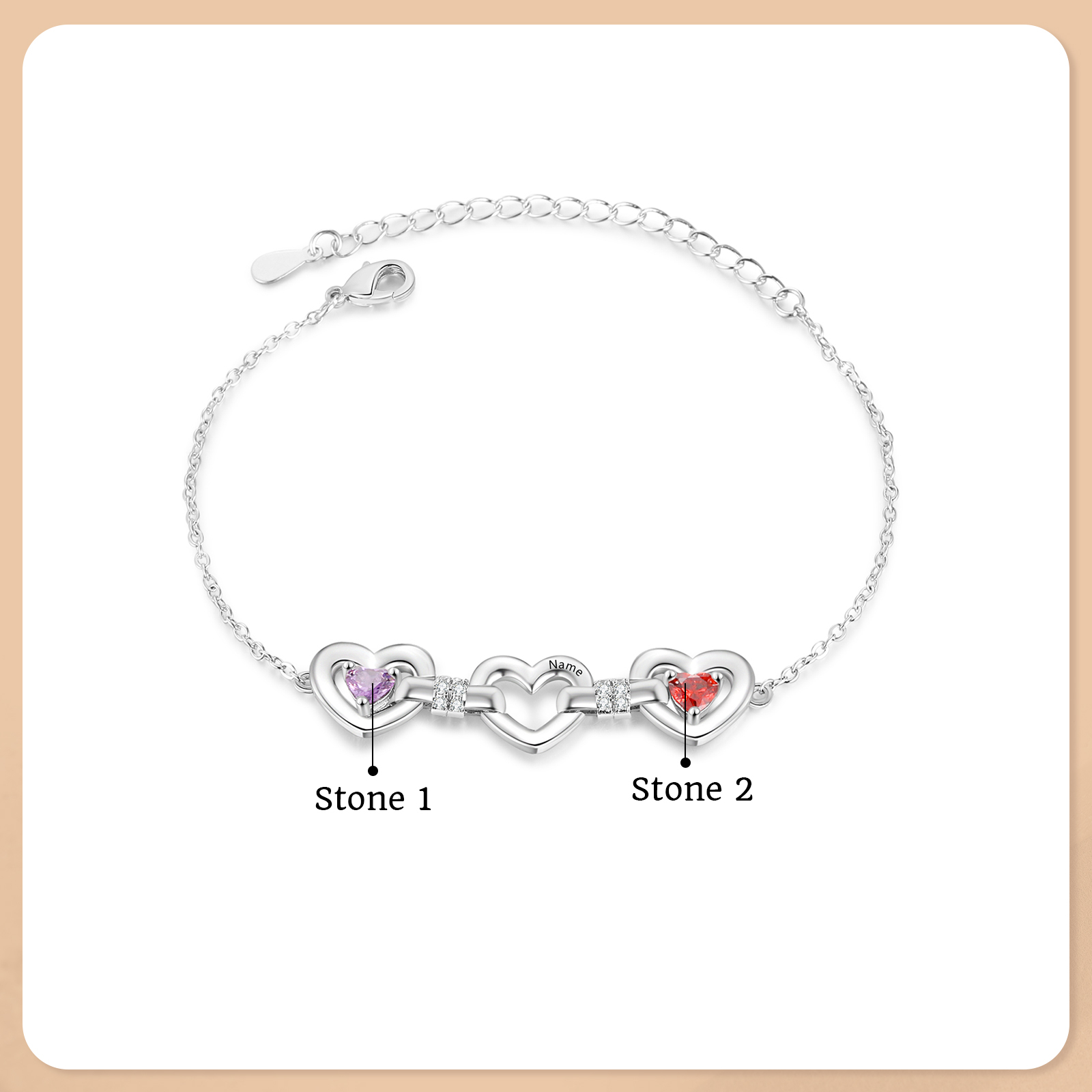 Personalised 1-4 Names Birthstone Linked Hearts Bracelet