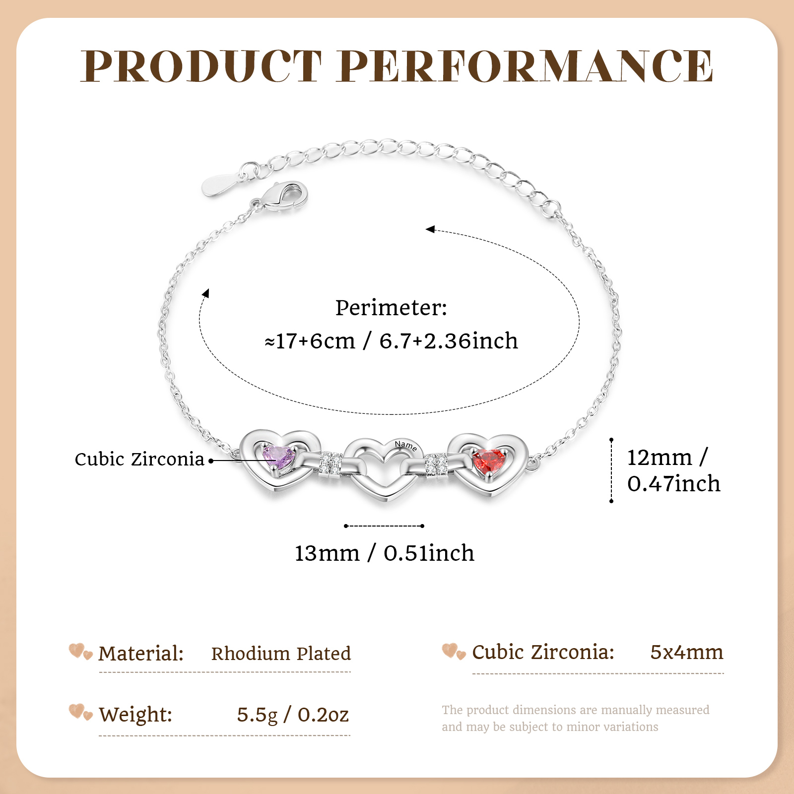 Personalised 1-4 Names Birthstone Linked Hearts Bracelet