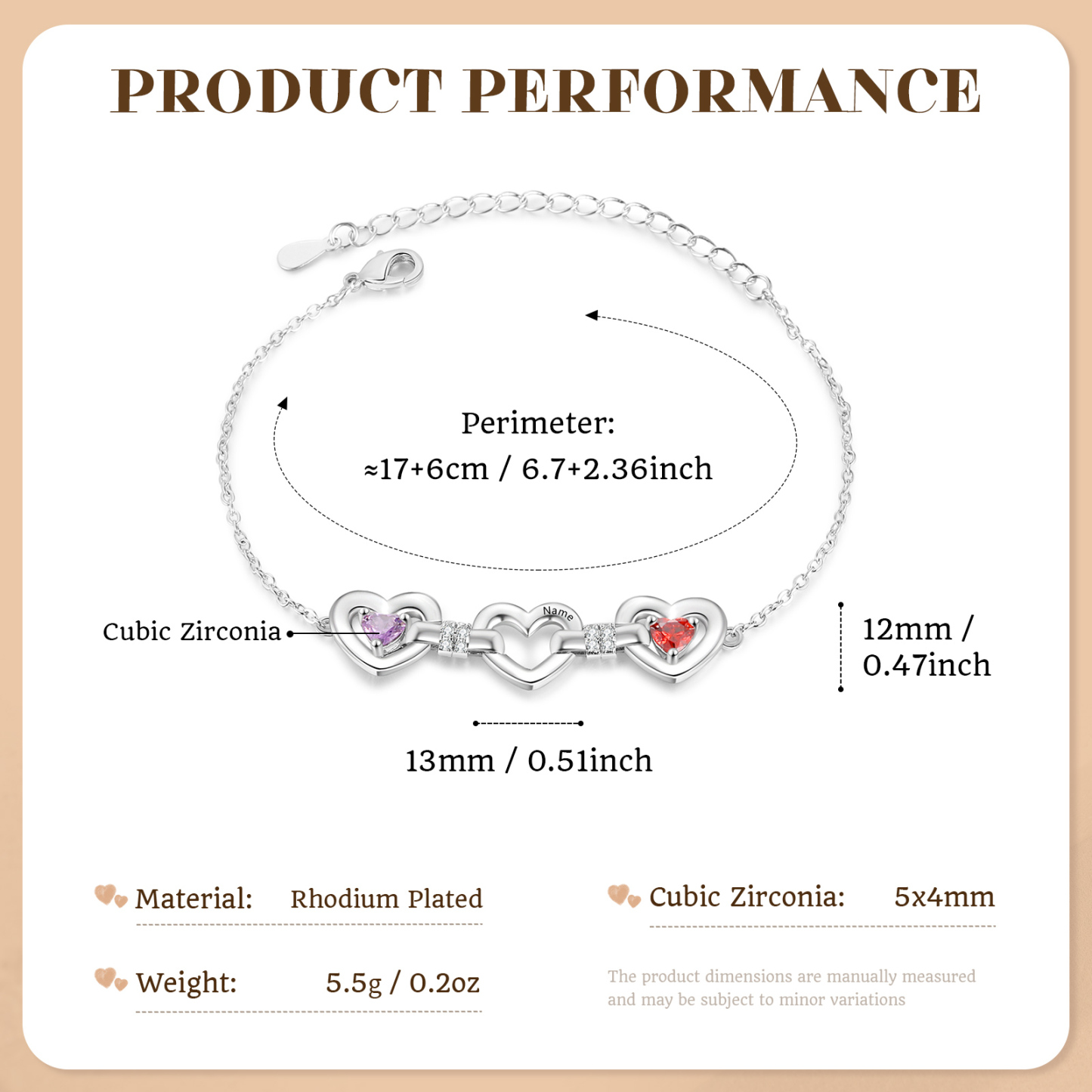 Personalised 1-4 Names Birthstone Linked Hearts Bracelet