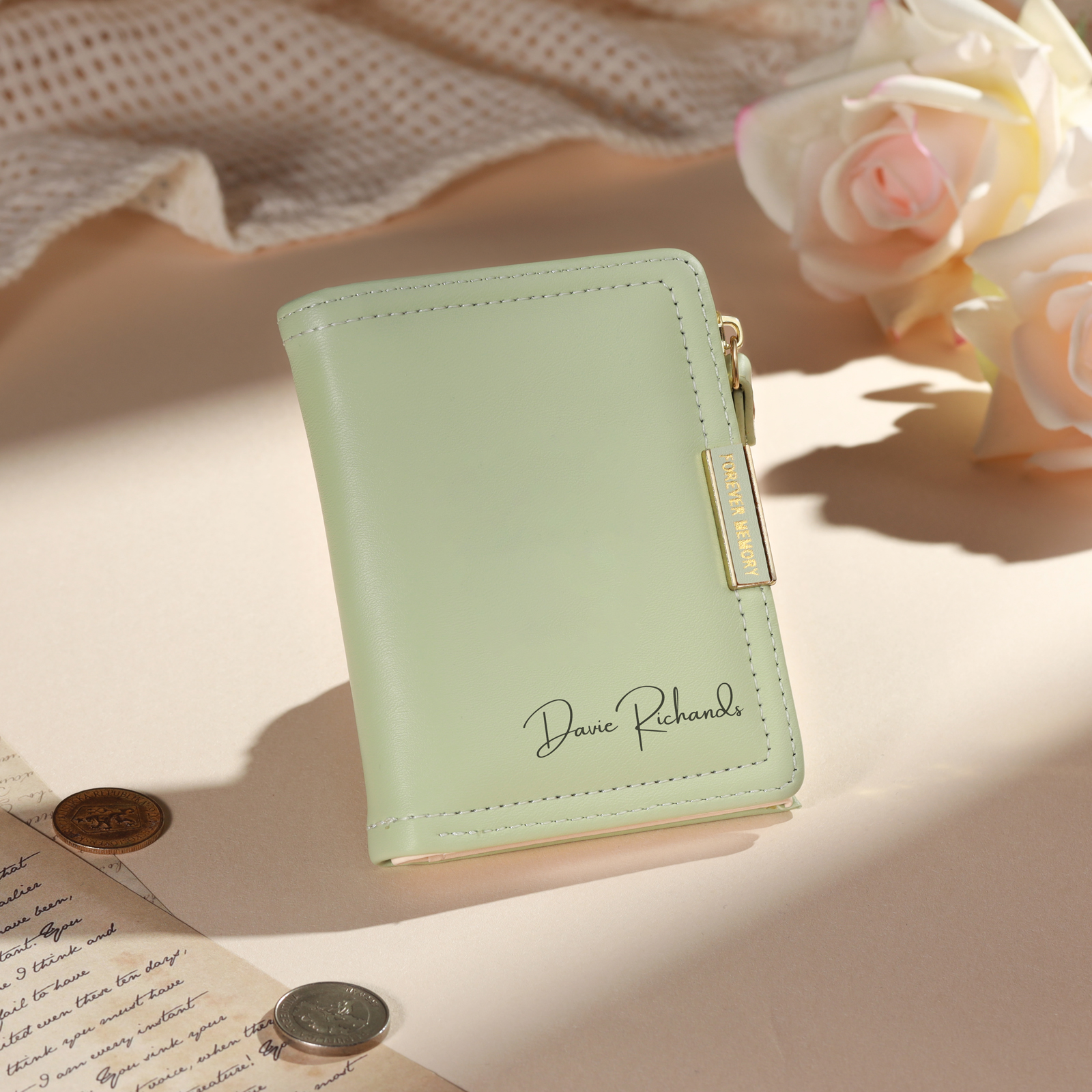 Personalised Leather Zipped Wallet Customised with Photo and Engraved Name