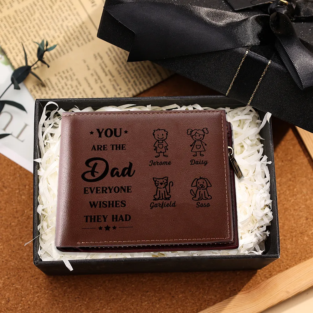 Personalised Men's PU Leather Wallet – Kids Doodle, 1–6 Names & Photo Engraving