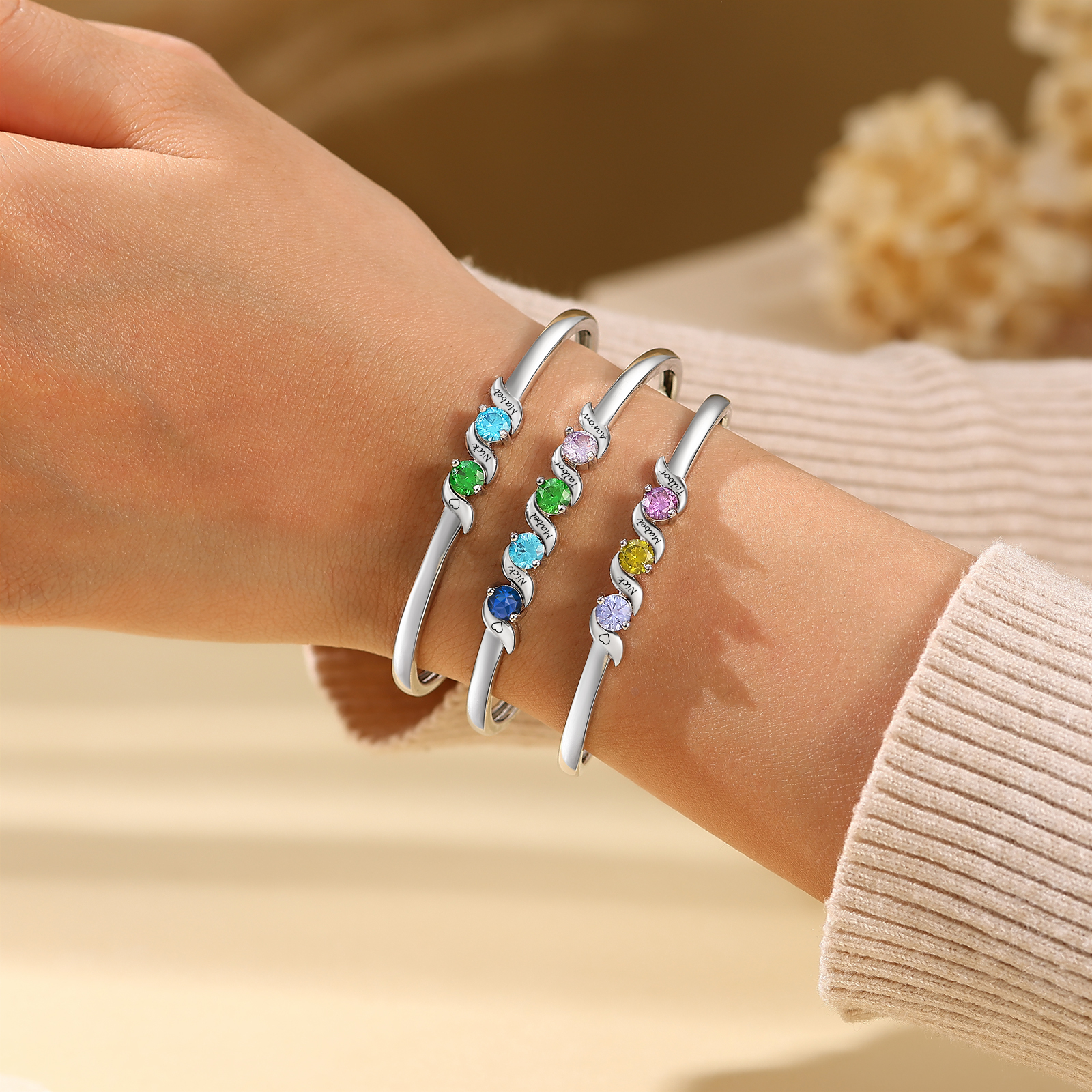 Personalised Women’s Birthstone Bangle Family Bracelet Customised with 1–5 Names and Stones
