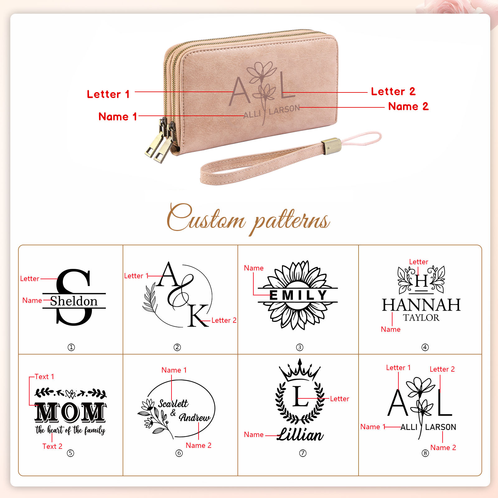 Personalised Women's Wallet with Initials and First Name, Large Capacity, Double-Zip PU Leather