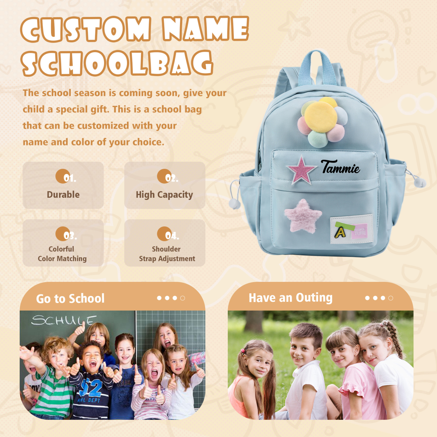 Personalised Name Cute School Bag Custom Nylon Backpack Back To School Gift for Kids-Jessemade AU