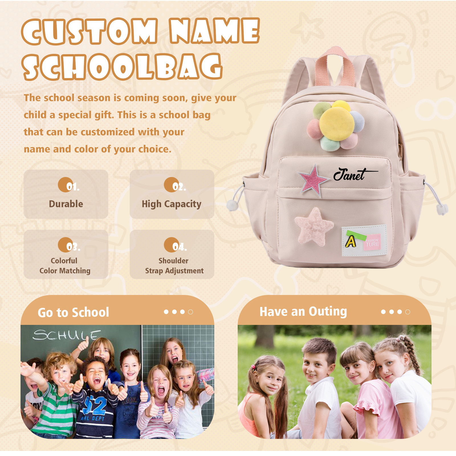 Personalised Name Cute School Bag Custom Nylon Backpack Back To School Gift for Kids-Jessemade AU