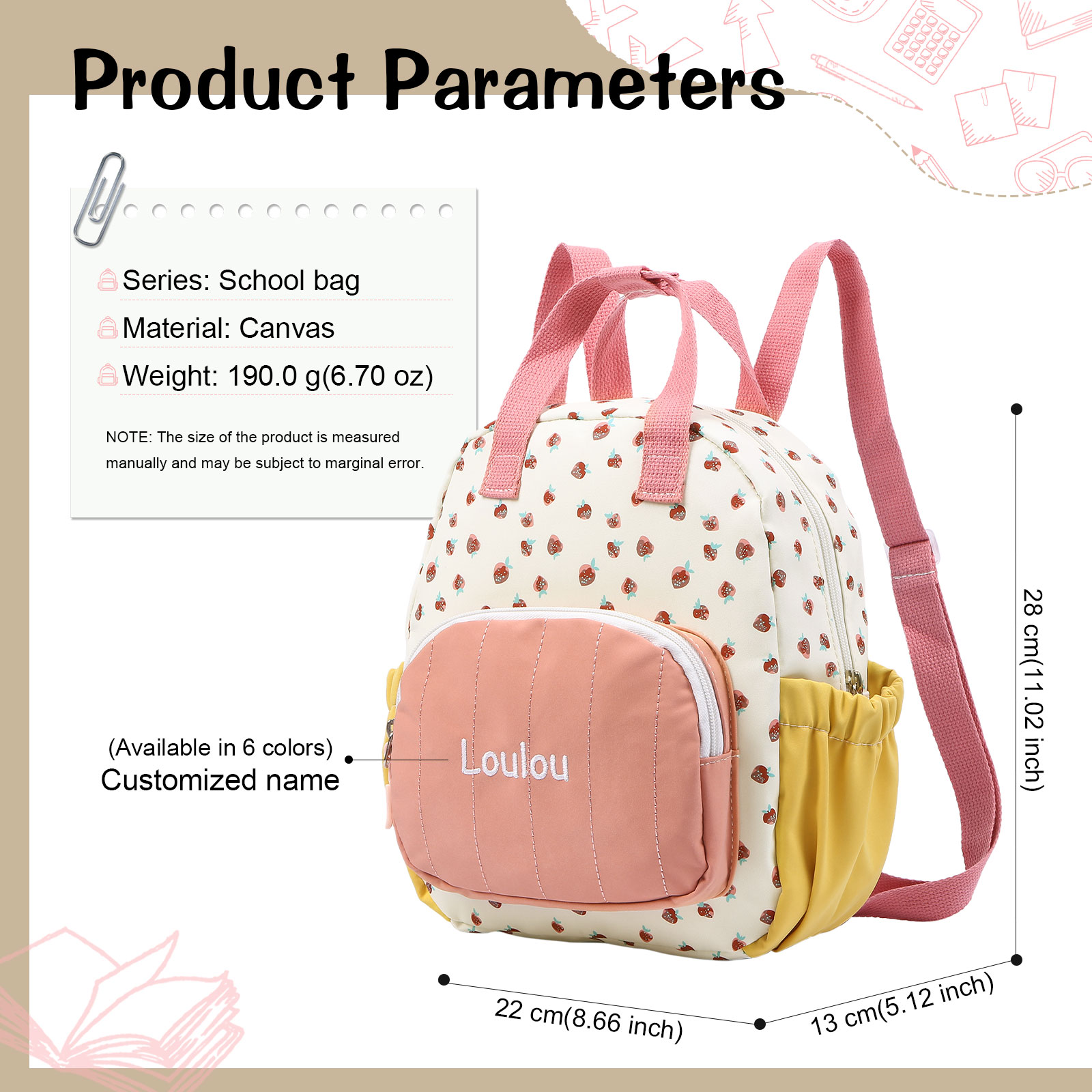 Personalised Kids' Backpack Embroidered with 1 Name Strawberry Print Practical and Heartfelt Gift for Girls