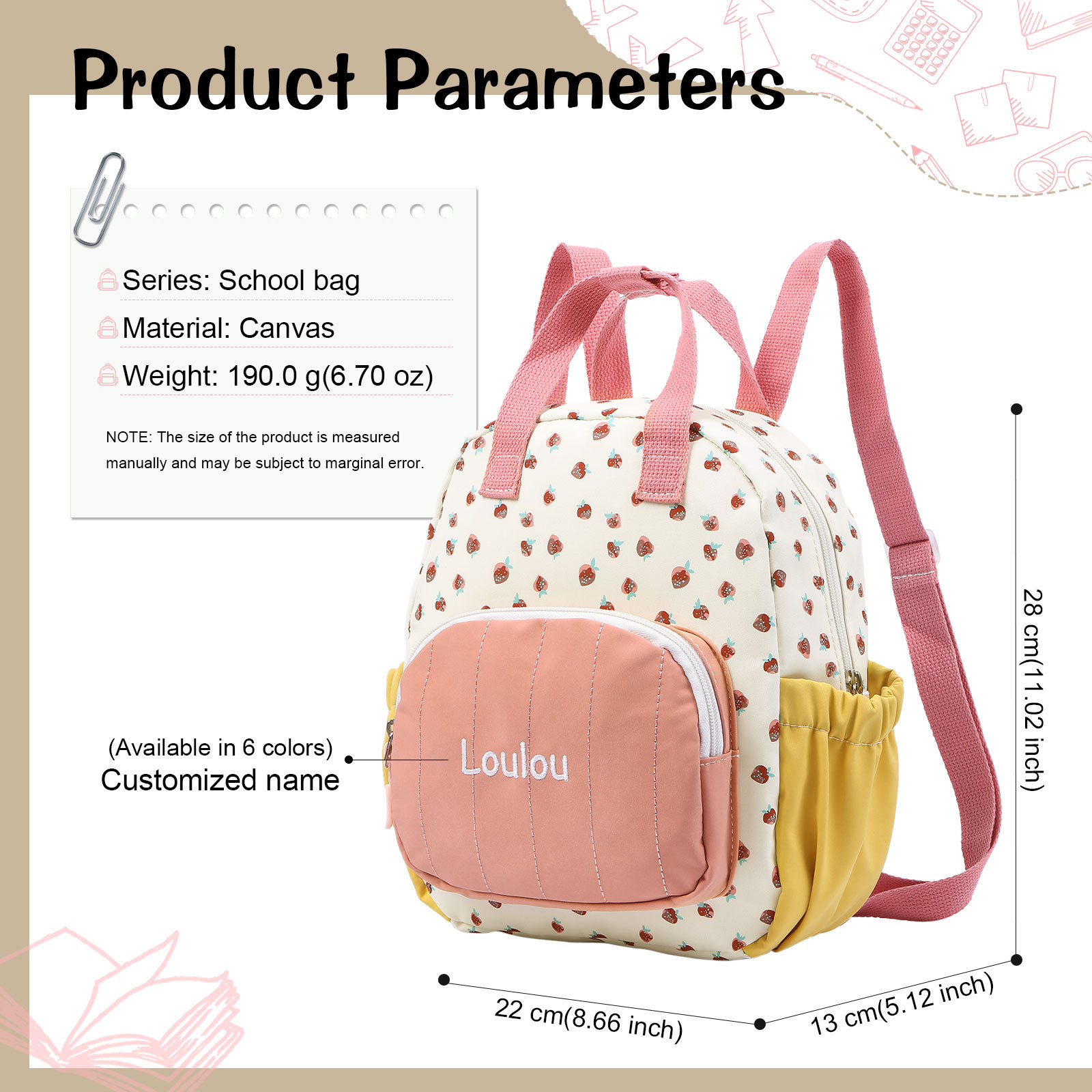 Personalised Kids' Backpack Embroidered with 1 Name Strawberry Print Practical and Heartfelt Gift for Girls