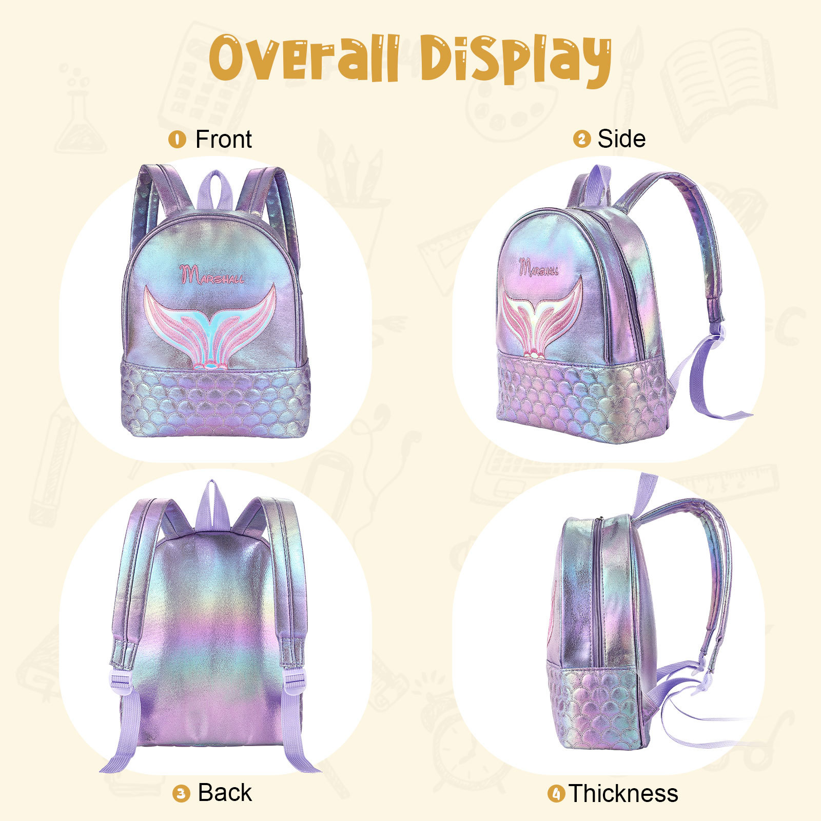 Personalised Embroidery Name Girls Holographic Quilted Pattern Fish Tail Decor Classic Backpack Gift for Kids