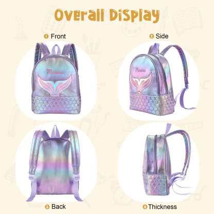 Personalised Embroidery Name Girls Holographic Quilted Pattern Fish Tail Decor Classic Backpack Gift for Kids