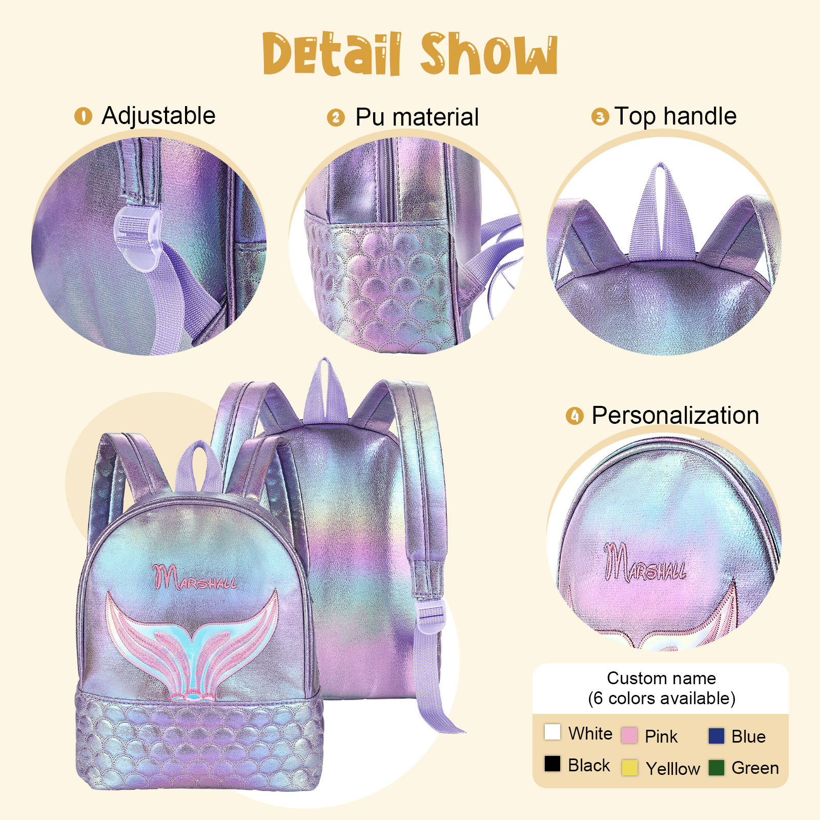 Personalised Embroidery Name Girls Holographic Quilted Pattern Fish Tail Decor Classic Backpack Gift for Kids