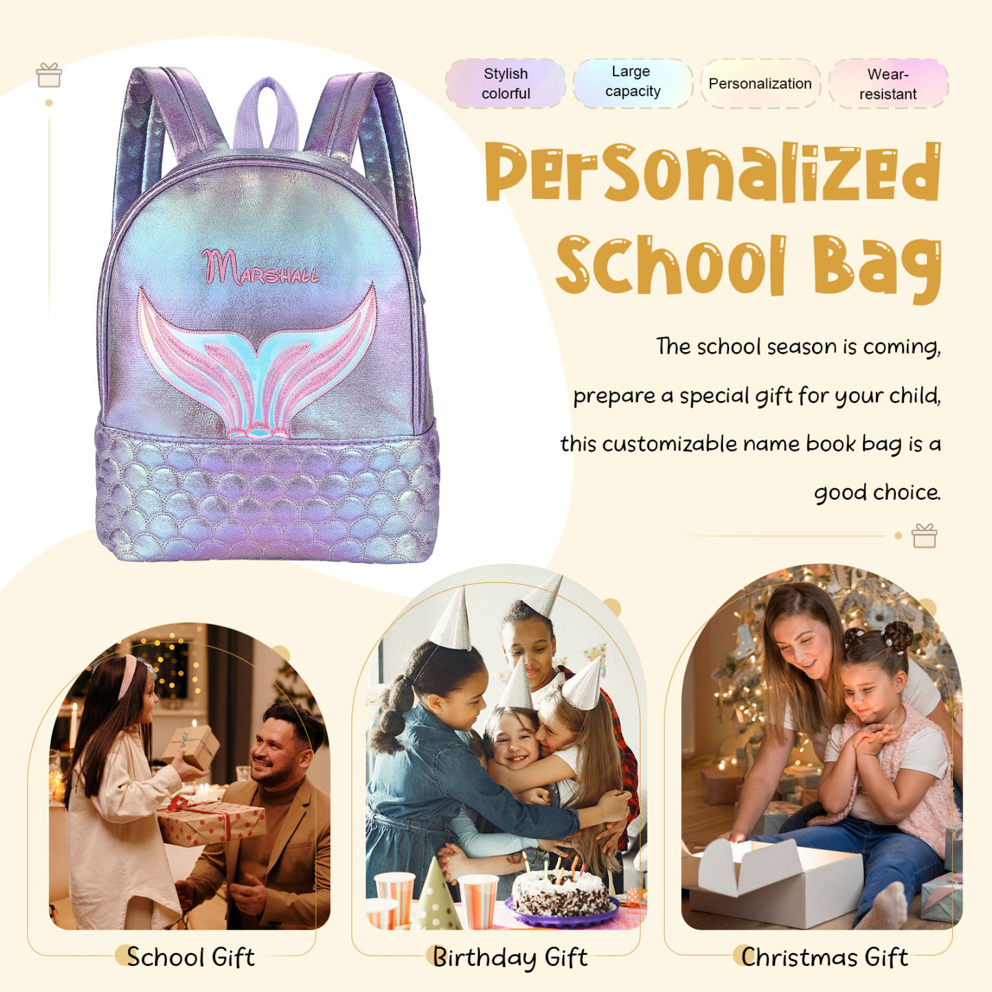 Personalised Embroidery Name Girls Holographic Quilted Pattern Fish Tail Decor Classic Backpack Gift for Kids