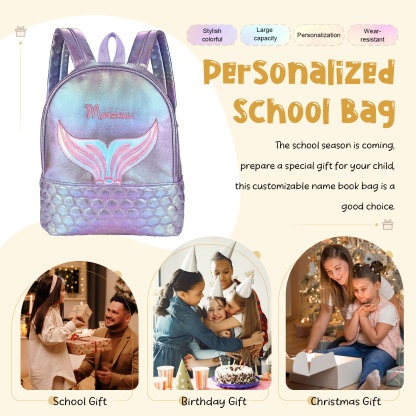 Personalised Embroidery Name Girls Holographic Quilted Pattern Fish Tail Decor Classic Backpack Gift for Kids