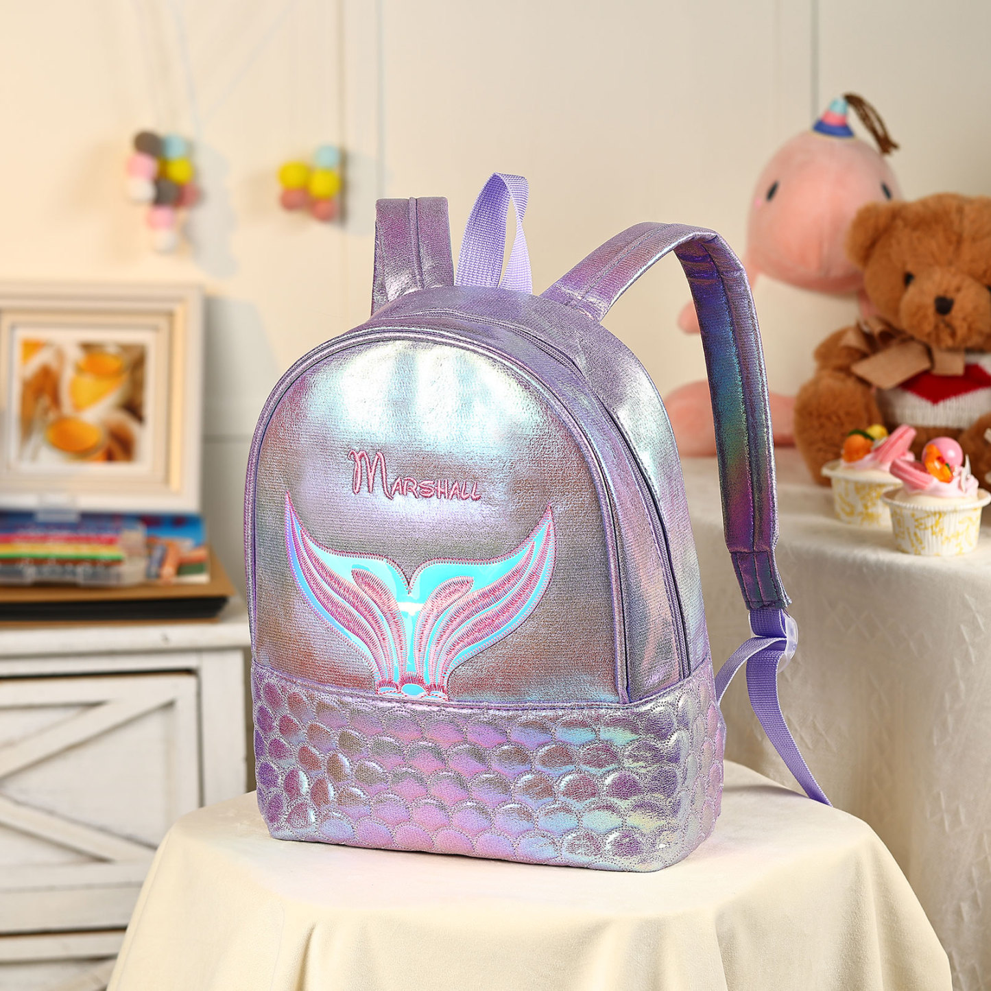 Personalised Embroidery Name Girls Holographic Quilted Pattern Fish Tail Decor Classic Backpack Gift for Kids