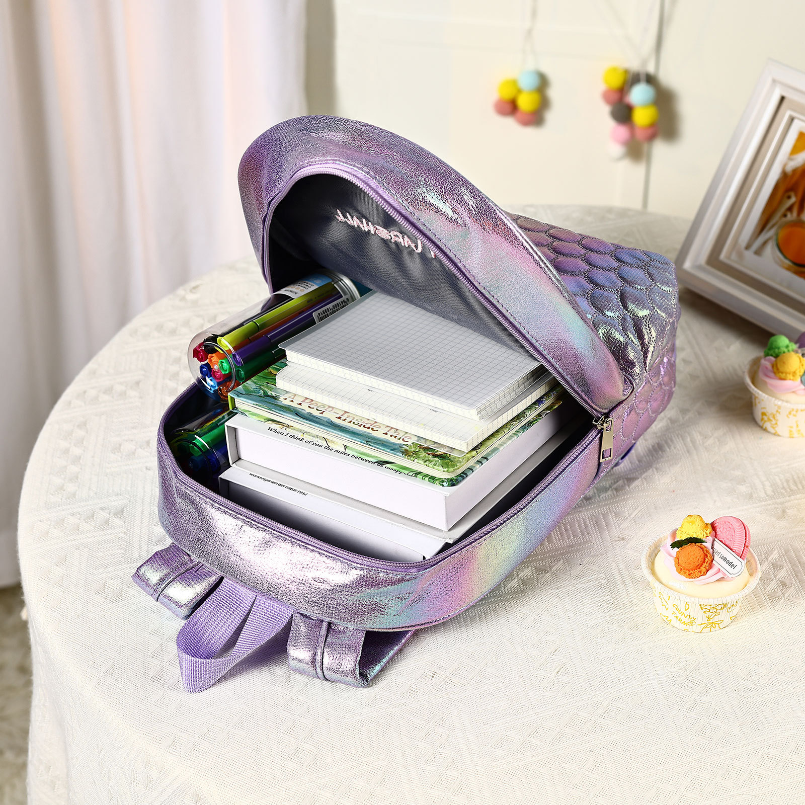 Personalised Embroidery Name Girls Holographic Quilted Pattern Fish Tail Decor Classic Backpack Gift for Kids