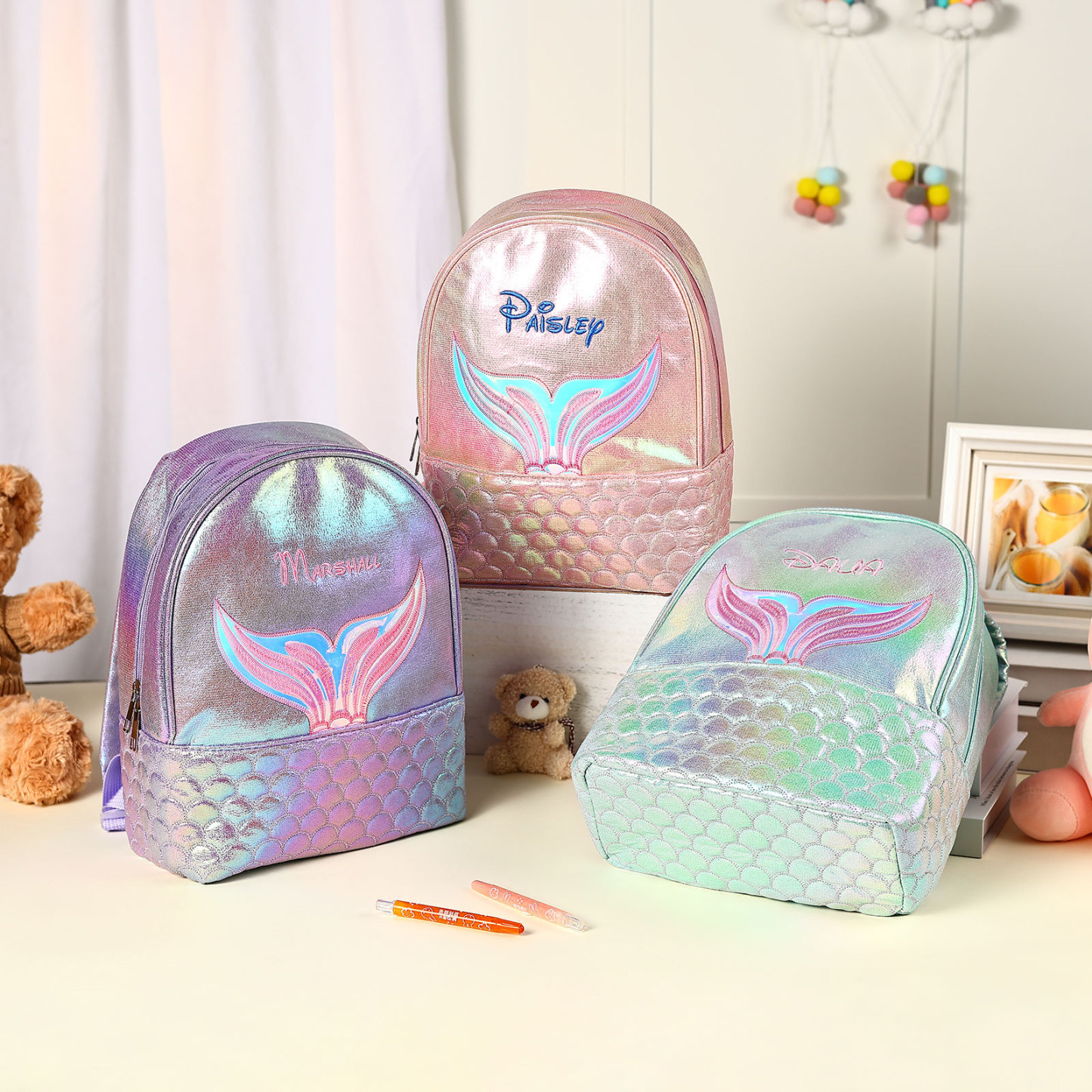 Personalised Embroidery Name Girls Holographic Quilted Pattern Fish Tail Decor Classic Backpack Gift for Kids