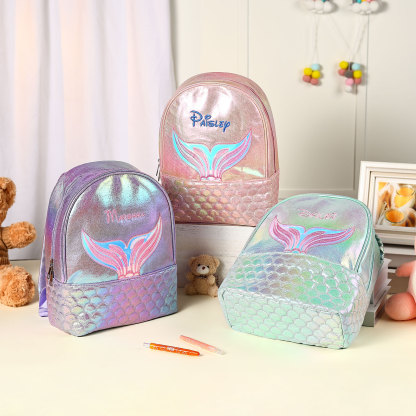 Personalised Embroidery Name Girls Holographic Quilted Pattern Fish Tail Decor Classic Backpack Gift for Kids