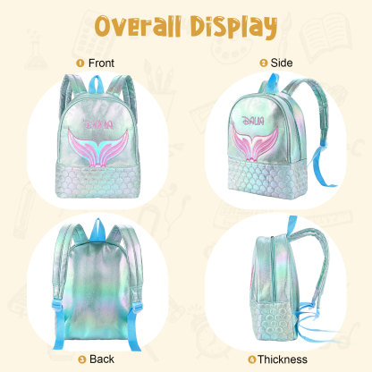 Personalised Embroidery Name Girls Holographic Quilted Pattern Fish Tail Decor Classic Backpack Gift for Kids