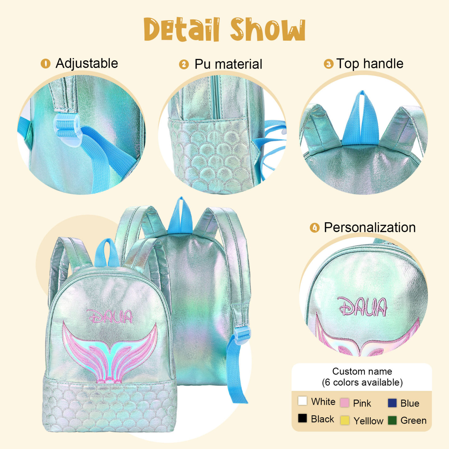 Personalised Embroidery Name Girls Holographic Quilted Pattern Fish Tail Decor Classic Backpack Gift for Kids