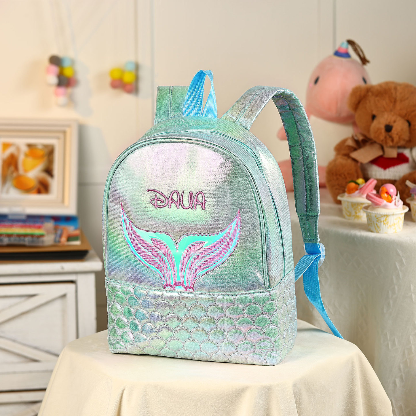 Personalised Embroidery Name Girls Holographic Quilted Pattern Fish Tail Decor Classic Backpack Gift for Kids