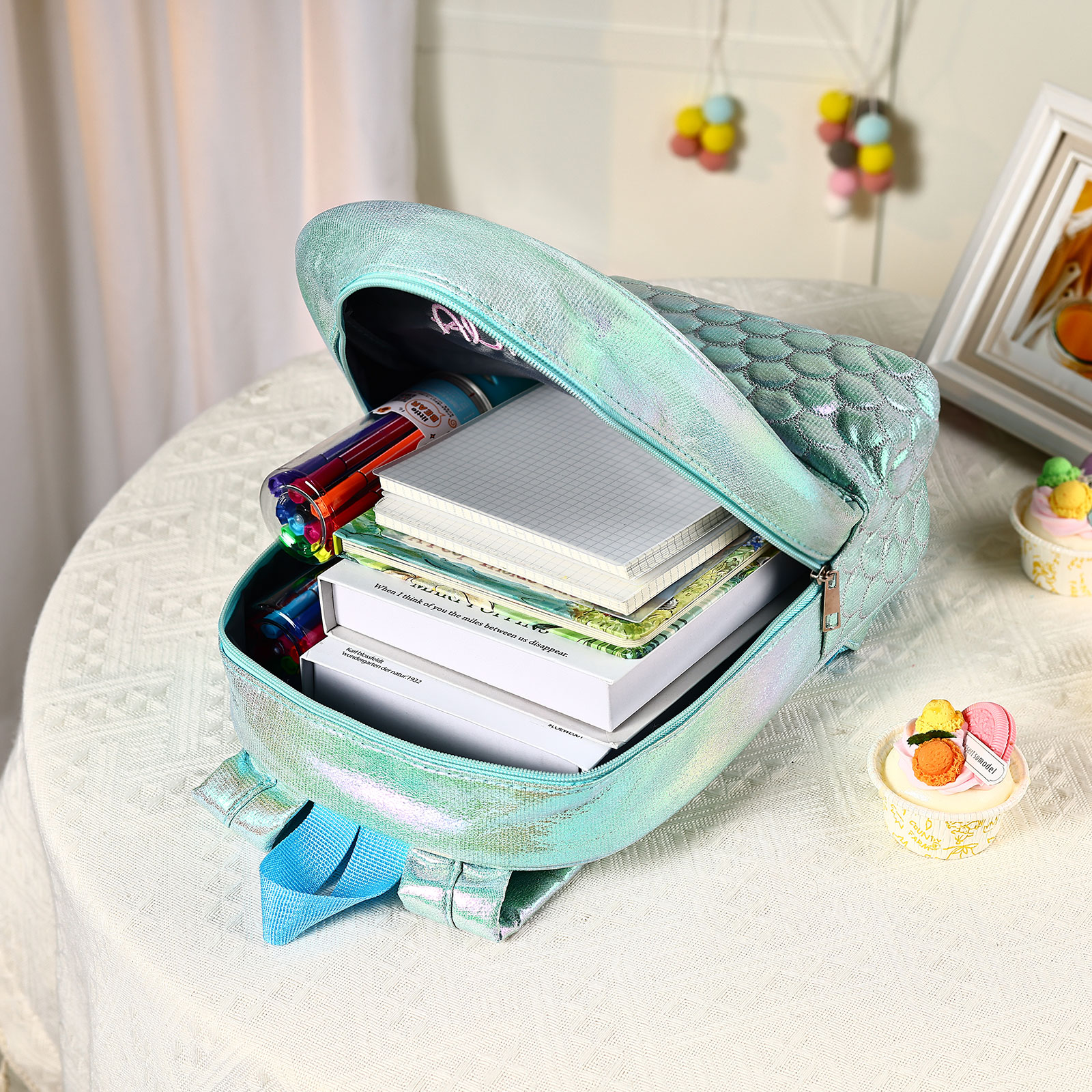 Personalised Embroidery Name Girls Holographic Quilted Pattern Fish Tail Decor Classic Backpack Gift for Kids