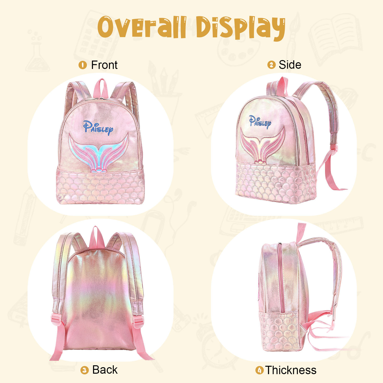 Personalised Embroidery Name Girls Holographic Quilted Pattern Fish Tail Decor Classic Backpack Gift for Kids