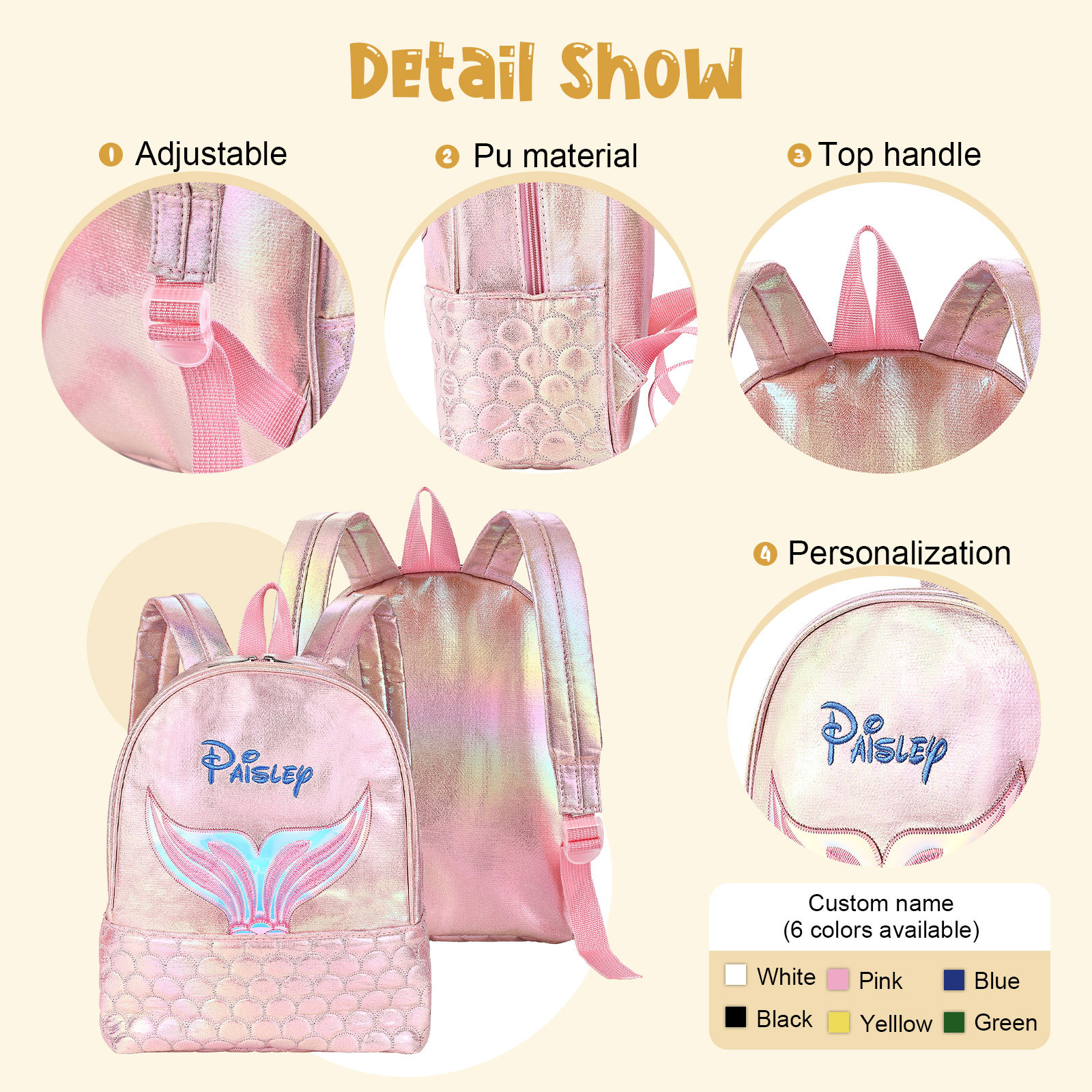 Personalised Embroidery Name Girls Holographic Quilted Pattern Fish Tail Decor Classic Backpack Gift for Kids