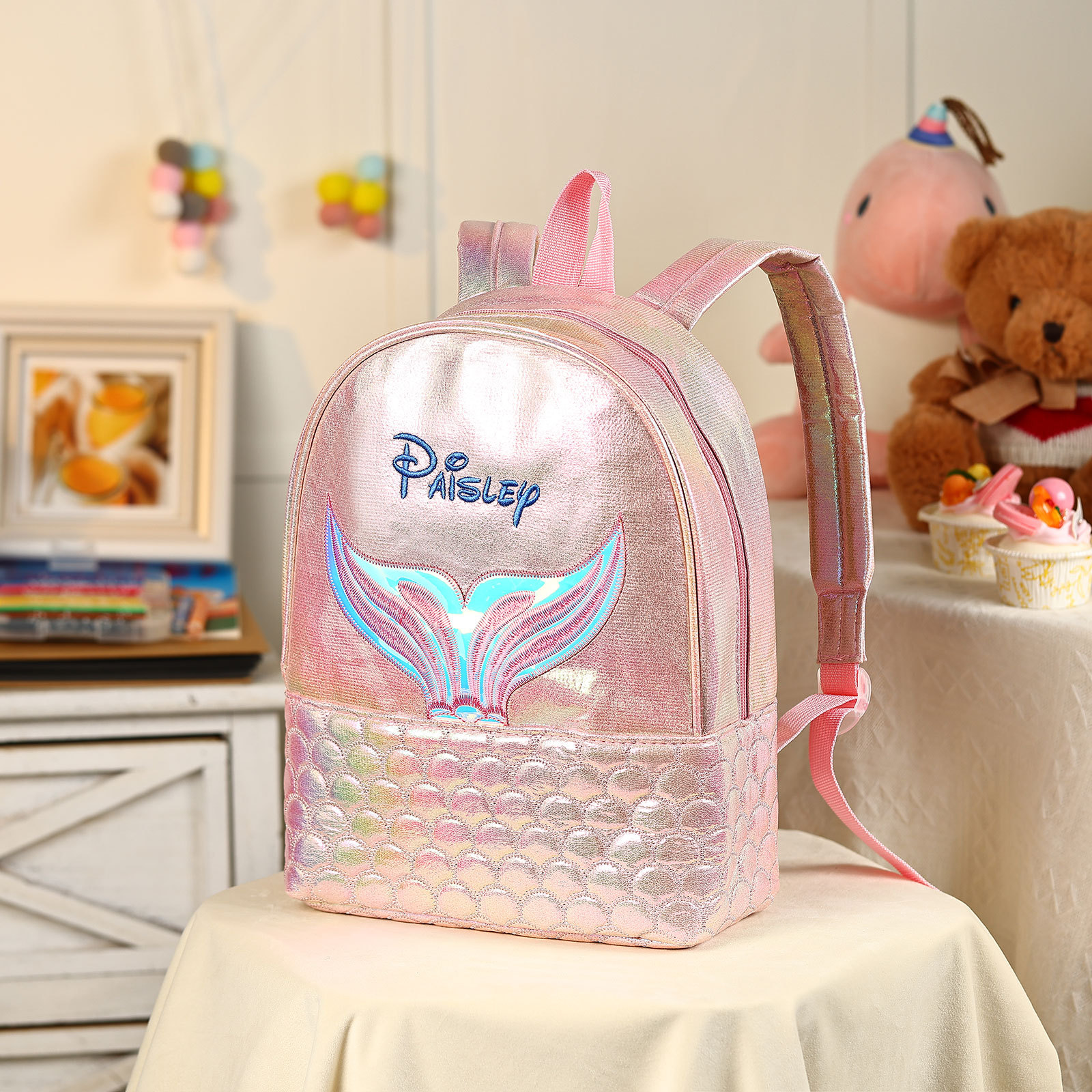 Personalised Embroidery Name Girls Holographic Quilted Pattern Fish Tail Decor Classic Backpack Gift for Kids