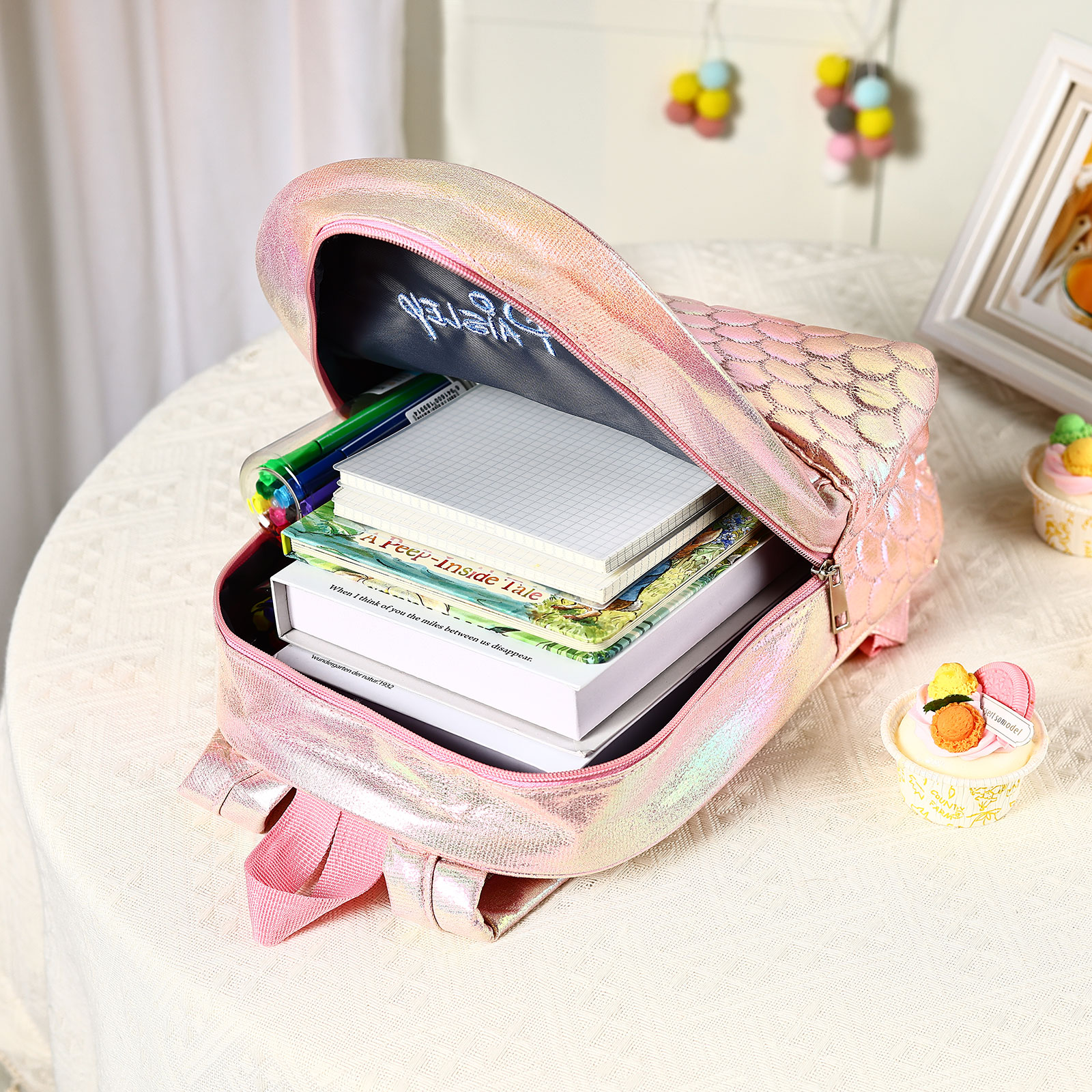 Personalised Embroidery Name Girls Holographic Quilted Pattern Fish Tail Decor Classic Backpack Gift for Kids