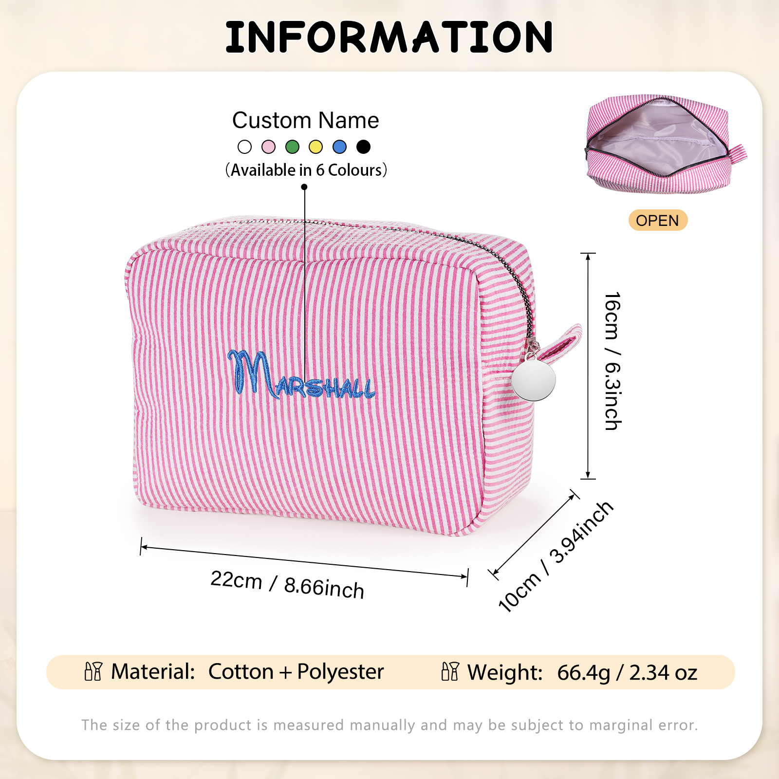 Striped Embroidered Cosmetic Case Personalised Name Makeup Bag Preppy Toiletry Pouch Seersucker Makeup Bag Bridal Sorority Gifts