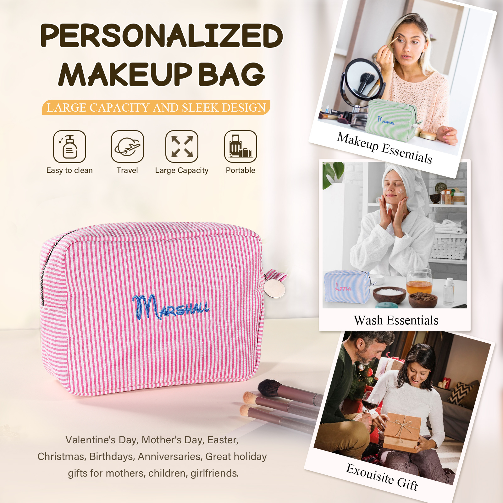 Striped Embroidered Cosmetic Case Personalised Name Makeup Bag Preppy Toiletry Pouch Seersucker Makeup Bag Bridal Sorority Gifts